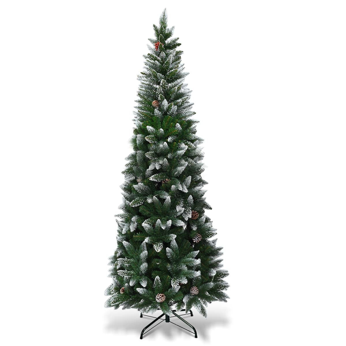 Front. Costway - 7 ft Frosted Pencil Christmas Tree Hinged with 39 Pine Cones - Green/White.