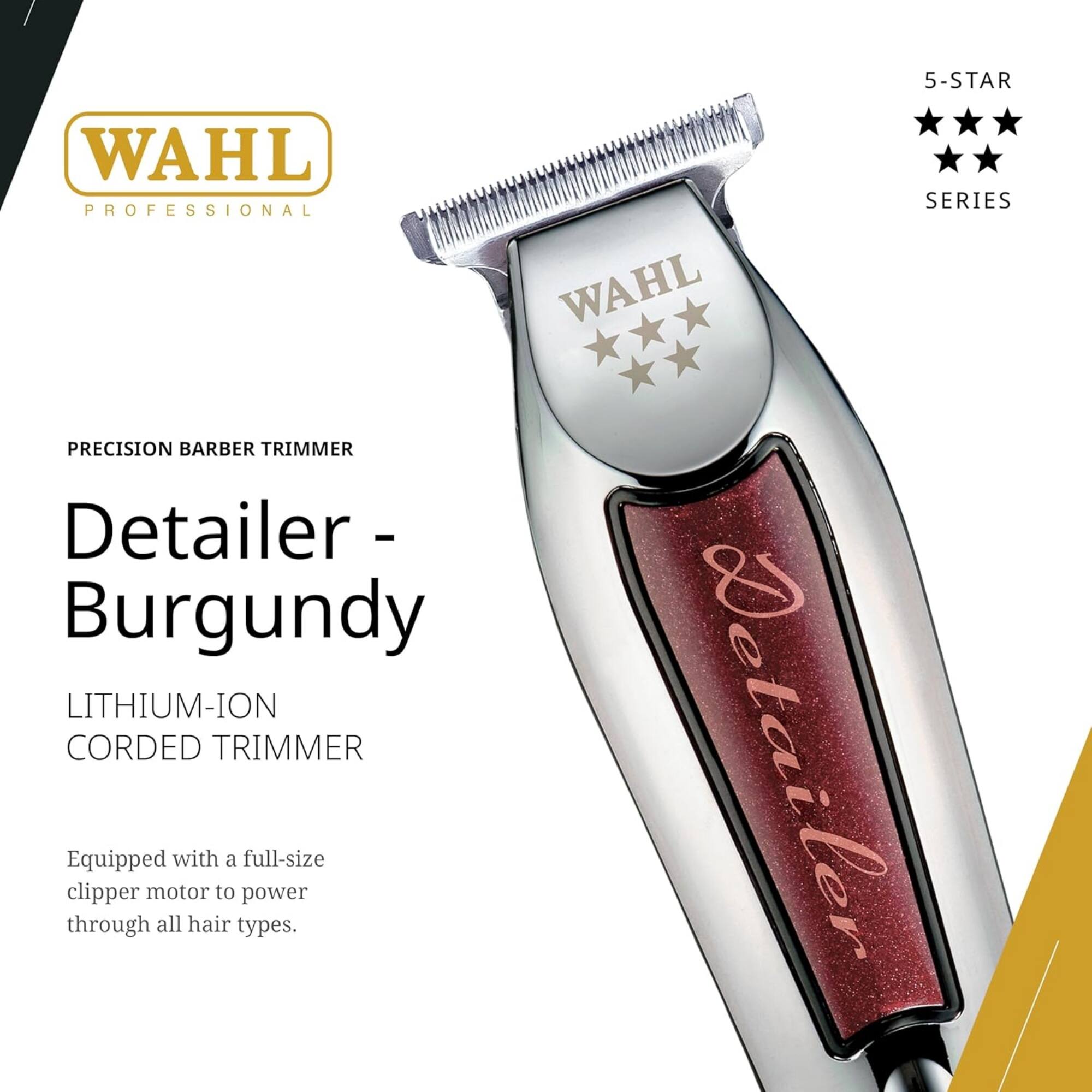 5-STAR WAHL SERIES PROFESSIONAL WAHL PRECISION BARBER TRIMMER Detailer- Burgundy LITHIUM-ION CORDED TRIMMER. Equipped with a full-size clipper motor to power through all hair types.