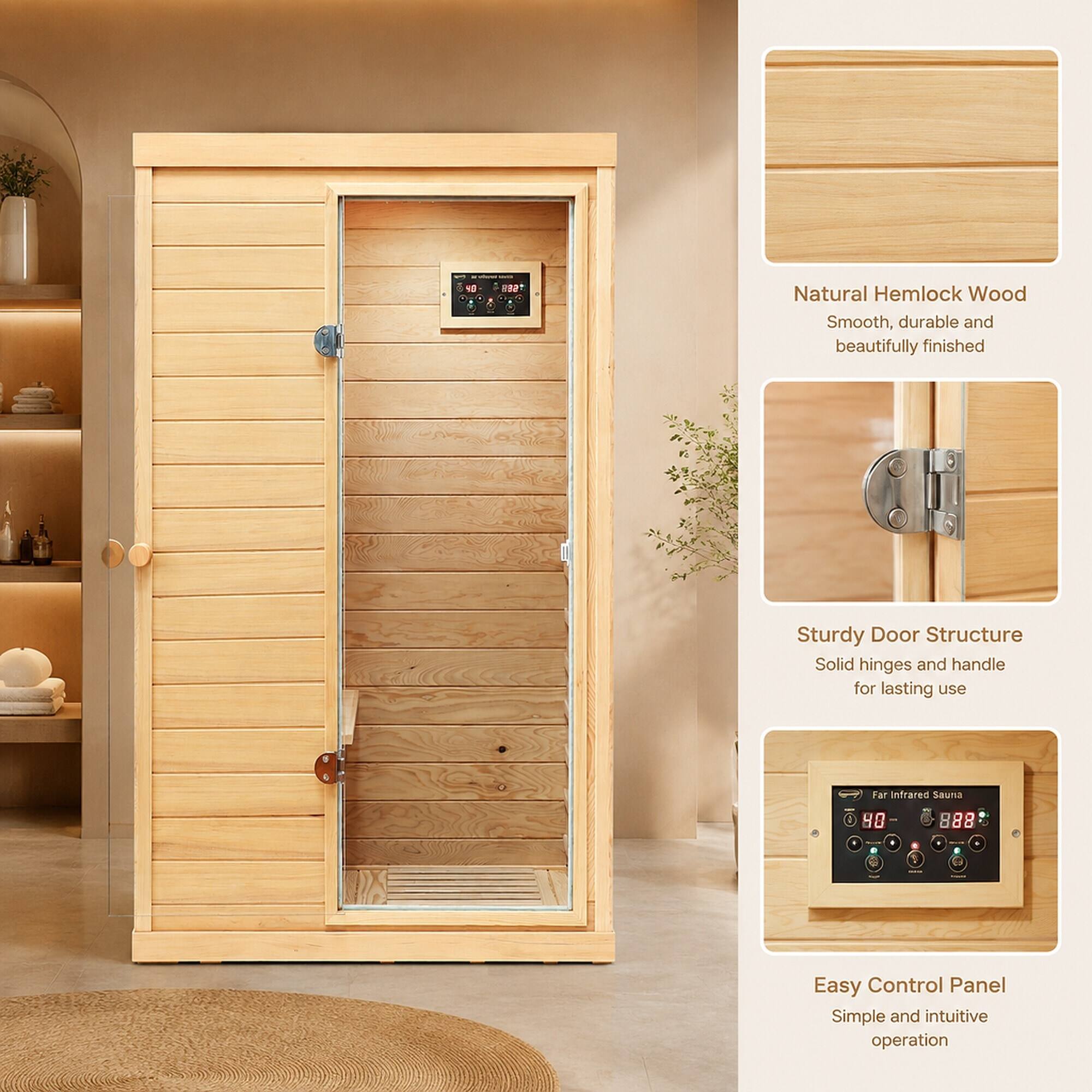 48
SES
Natural Hemlock Wood
Smooth, durable and beautifully finished
Sturdy Door Structure
Solid hinges and handle for lasting use
Far Infrared Sauna
48
888

Easy Control Panel
Simple and intuitive operation