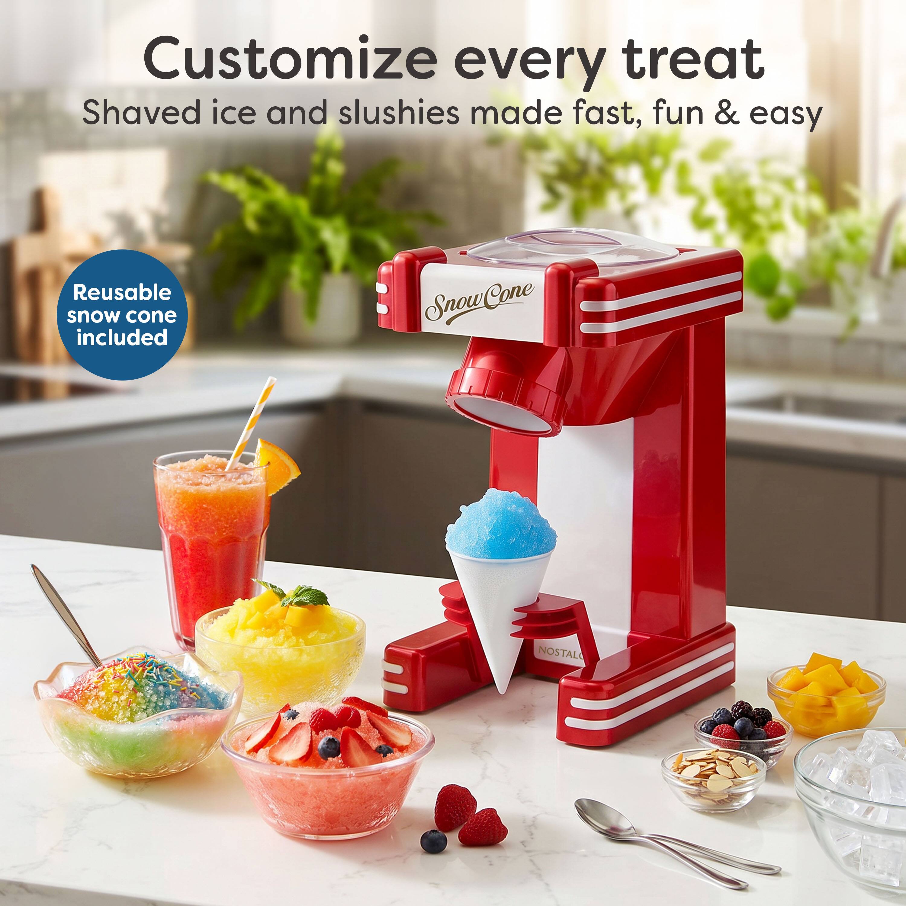 Customize every treat  
Shaved ice and slushies made fast, fun & easy  
Reusable snow cone included  
SacuCone  
NOSTALO