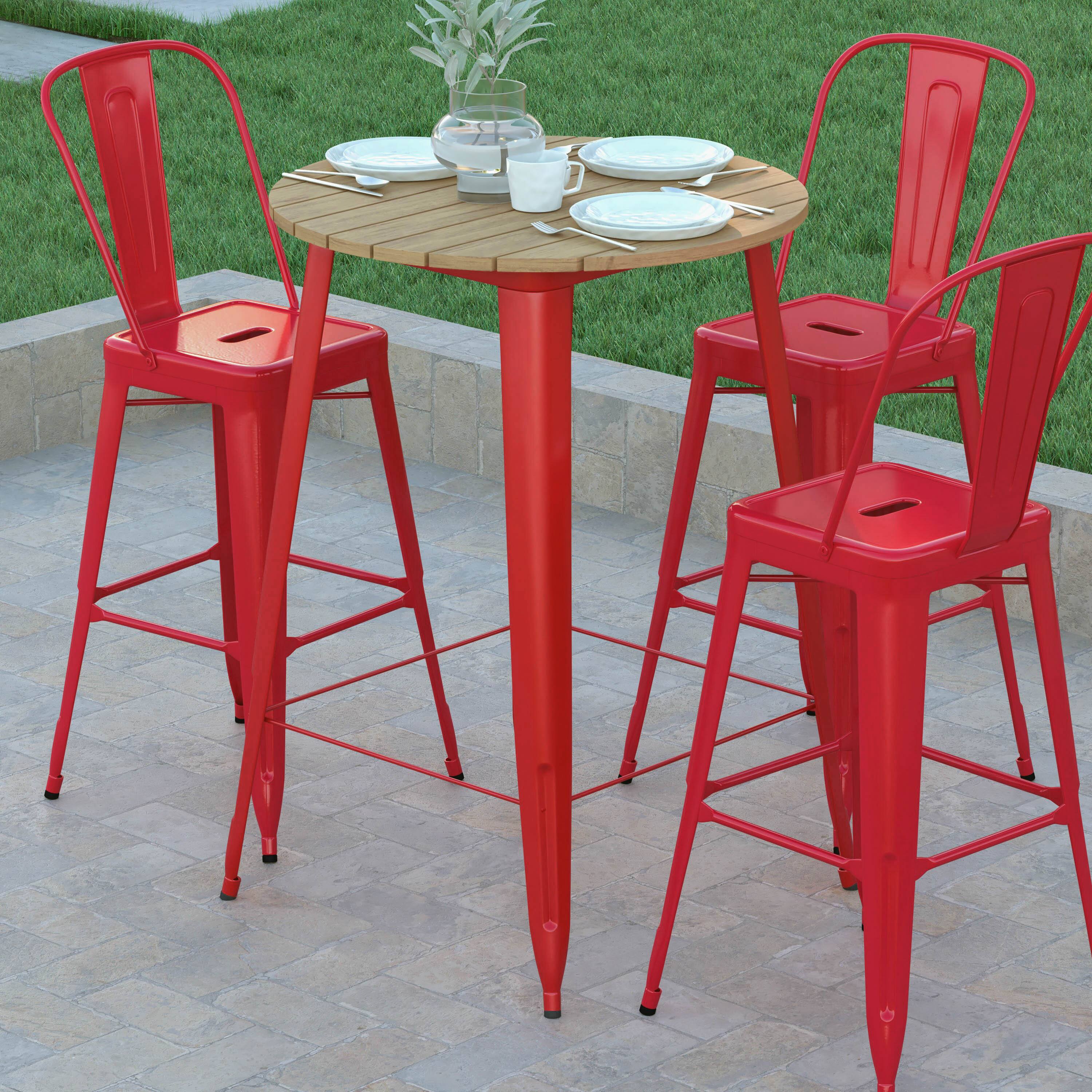 Alt View 3. Emma + Oliver - Drew Indoor/Outdoor Bar Top Table, 30" Round All Weather Poly Resin Top with Steel base - Brown Top/Red Frame.