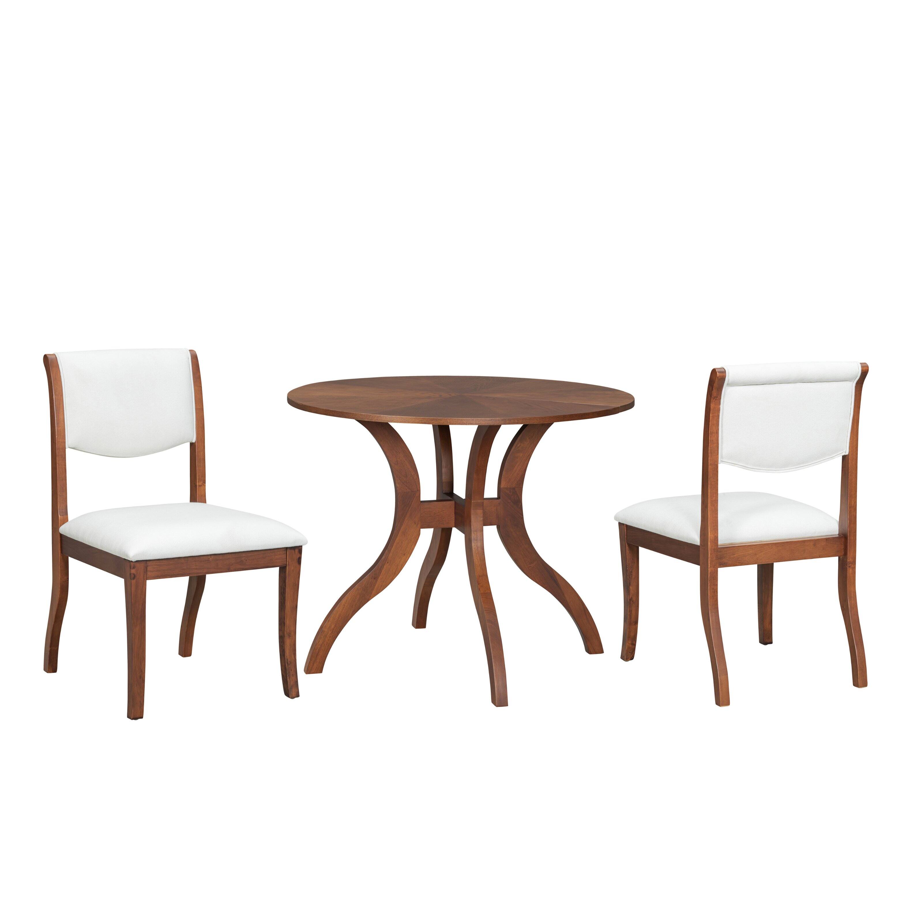 Alt View 1. TinyHomie - Dining Table Set 39.4in Round Table 2 Chairs Traditional Solid Wood Kitchen Set with Inlaid Tabletop Elegant Curved Legs - White and Walnut.