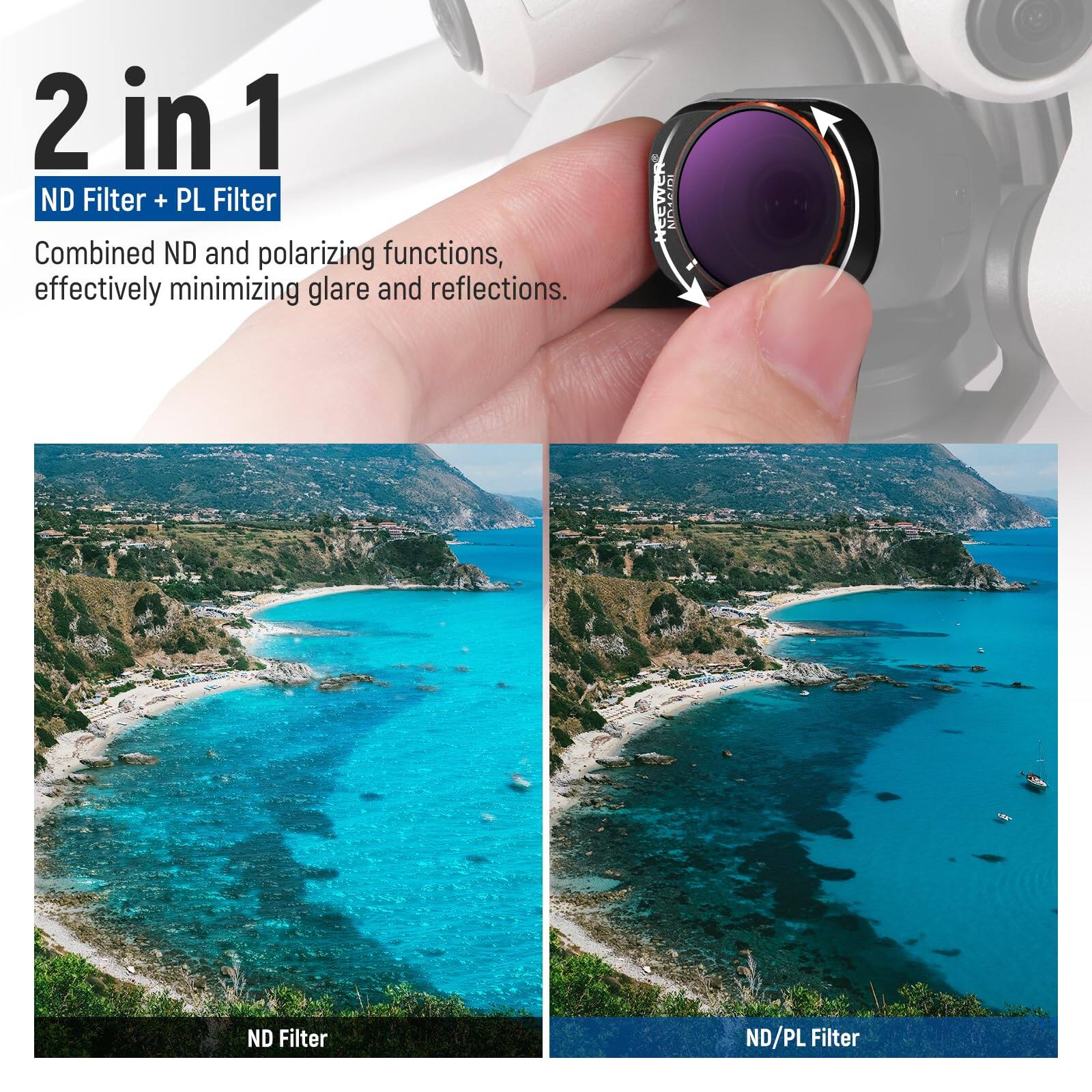 2 in 1  
ND Filter + PL Filter  

Combined ND and polarizing functions, effectively minimizing glare and reflections.  

ND Filter  
ND/PL Filter