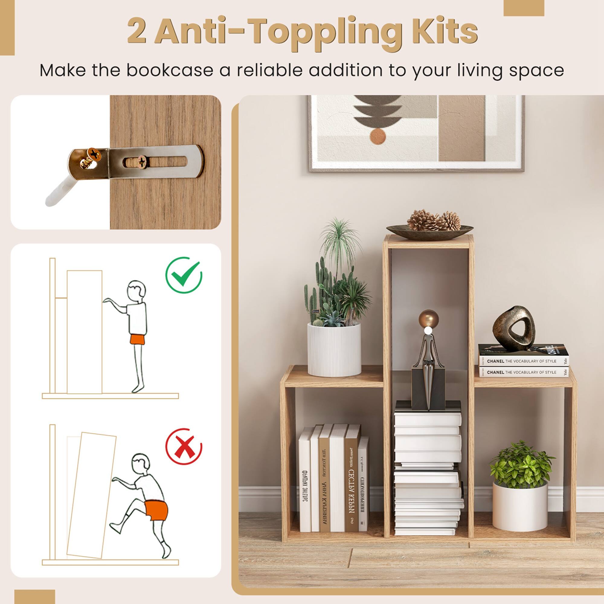 2 Anti-Toppling Kits Make the bookcase a reliable addition to your living space.
