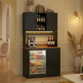 Aheaplus - Mini Fridge Coffee Bar Cabinet: with Outlet & LED Lights, Microwave Shelf, Beverage Station for Kitchen Dorm Office - Black