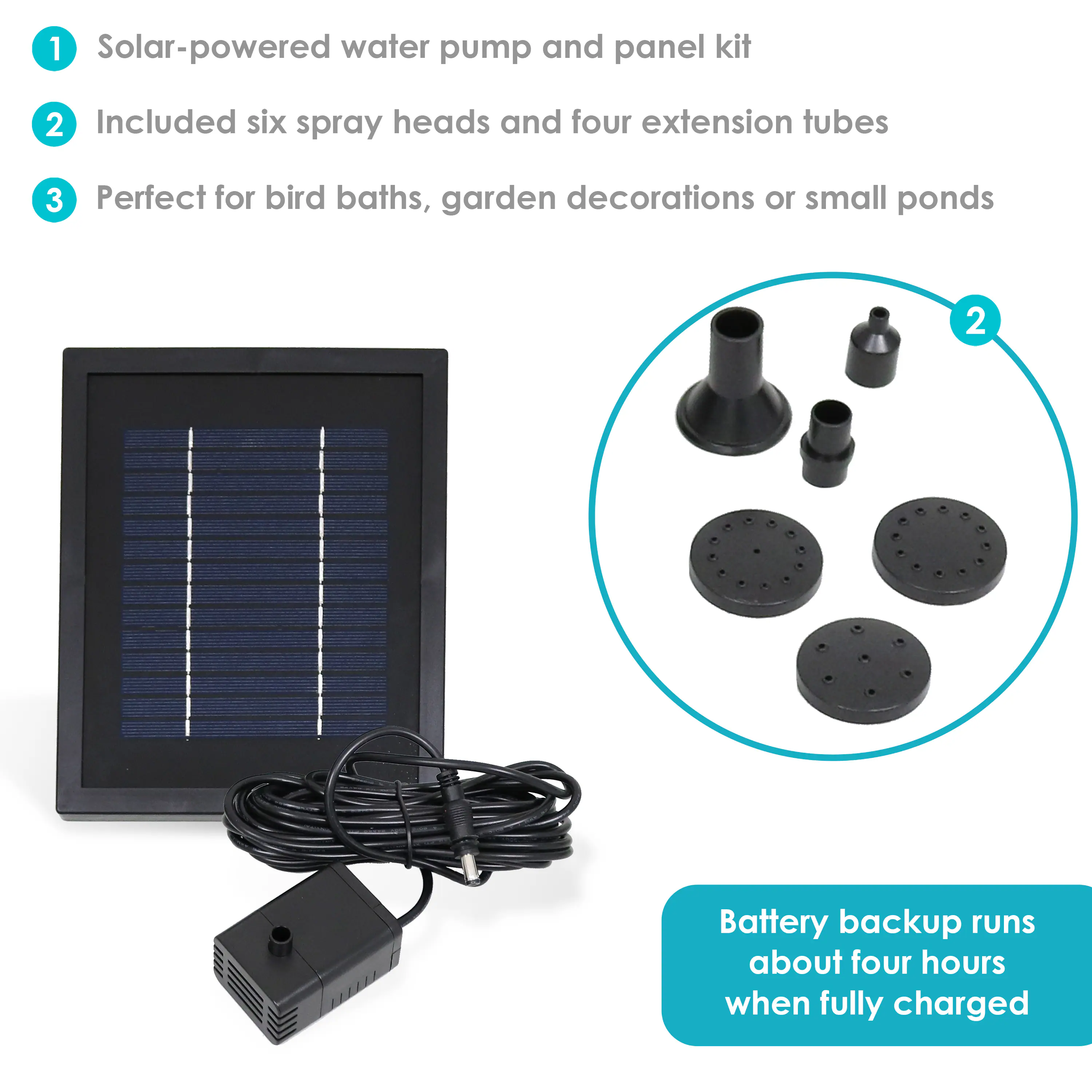1. Solar-powered water pump and panel kit
2. Included six spray heads and four extension tubes
3. Perfect for bird baths, garden decorations or small ponds

Battery backup runs about four hours when fully charged