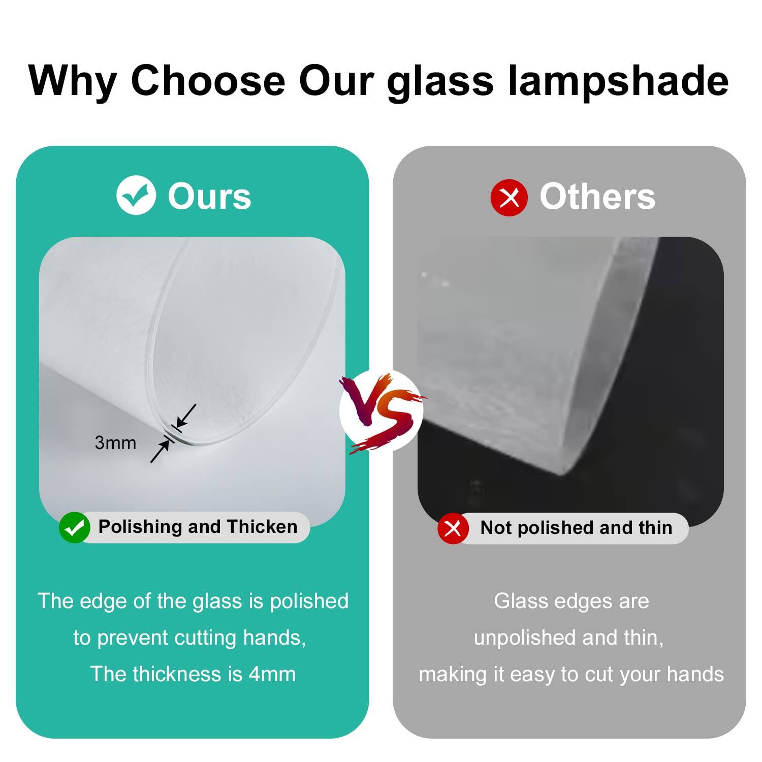 Why Choose Our glass lampshade

Ours
- Polishing and Thicken
  - The edge of the glass is polished to prevent cutting hands.
  - The thickness is 4mm.

Others
- Not polished and thin
  - Glass edges are unpolished and thin, making it easy to cut your hands.