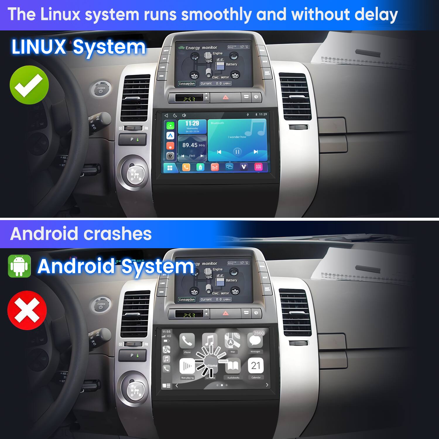 The Linux system runs smoothly and without delay

LINUX System

Android crashes

Android System
