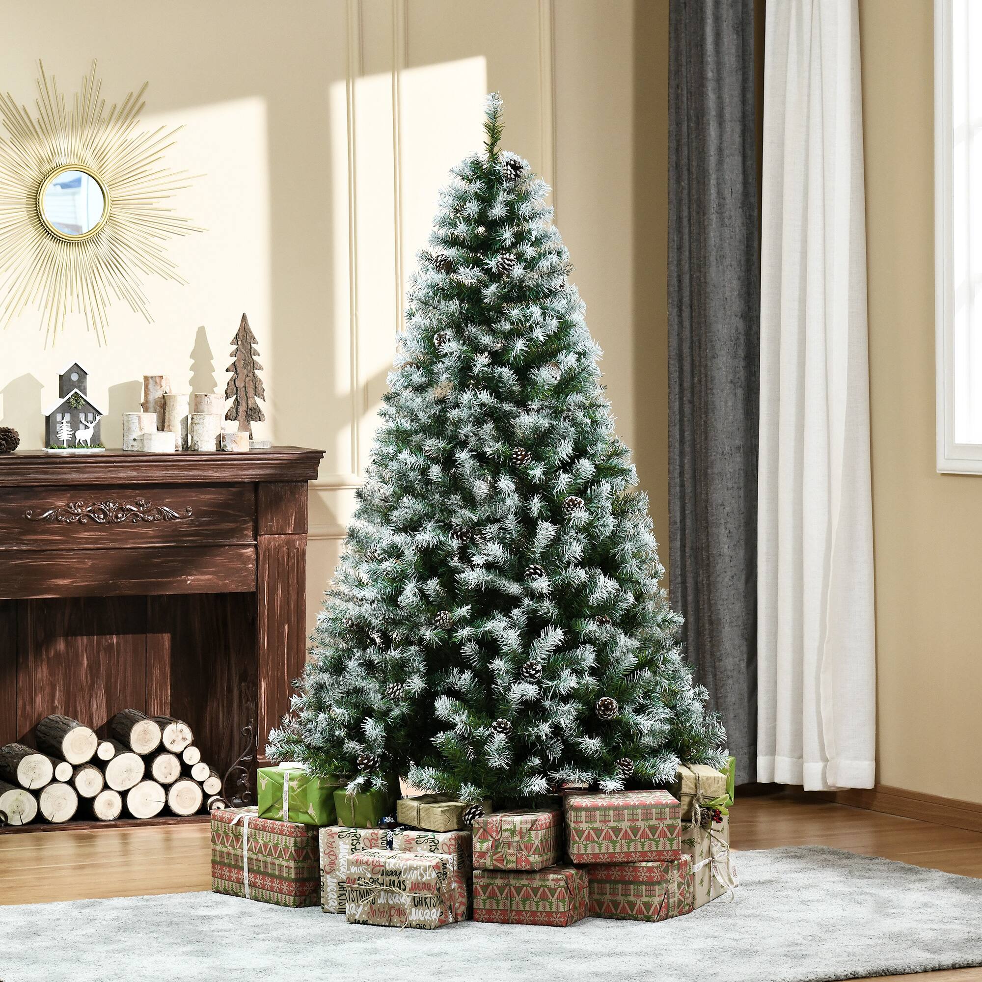 Left. Dexmalle - Dexmalle-6FT Unlit Snow-Dusted Artificial Christmas Tree with Realistic Branches and Pine Cones-Green - Green.