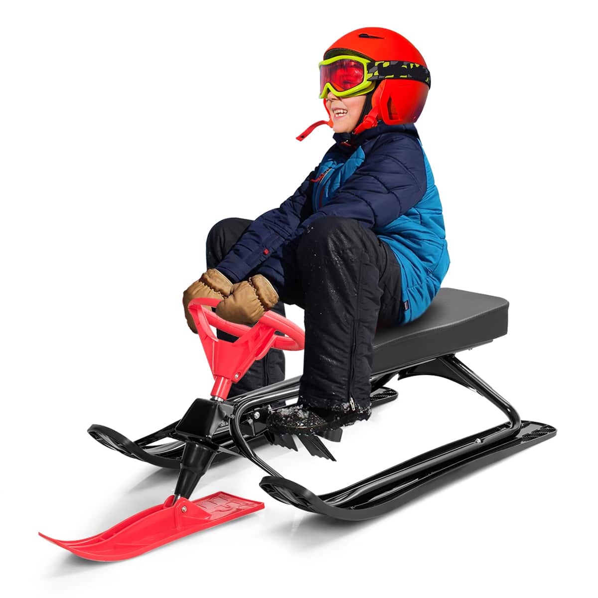 Front. Costway - Metal Snow Racer Sled w/Steering Wheel and Brakes Kids Snow Sand Grass Sliding Black & Red - Red+Black.
