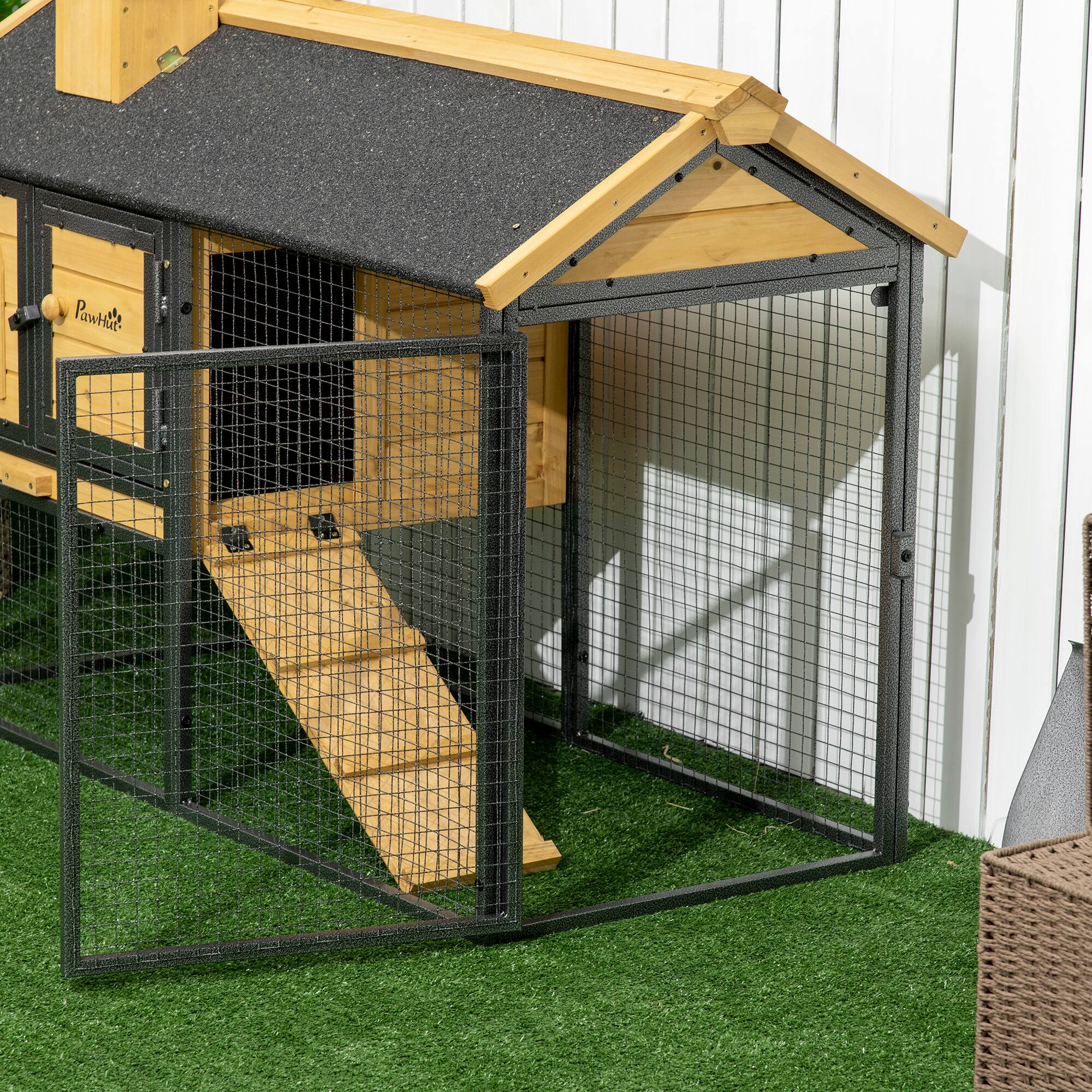 Alt View 4. Pawhut - 47" Wooden Rabbit Hutch Outdoor with Run, Metal Frame, 2-Story, Removable Tray, Ramp, Space-Saving Design.