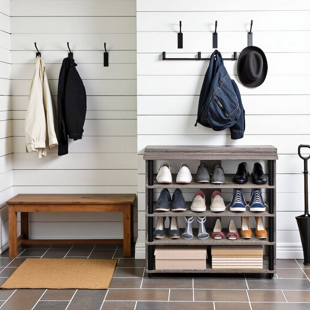 Left. FurniFact - Grey Wooden 5-Tier Shoe Rack Organizer for Entryway and Home Storage - French Oak Grey.