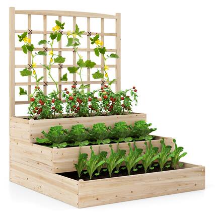 Front. Gymax - Gymax 44'' x 45'' x 56'' 3-Tier Raised Garden Bed w/ Lattice Trellis Open-Ended Base - Natural.