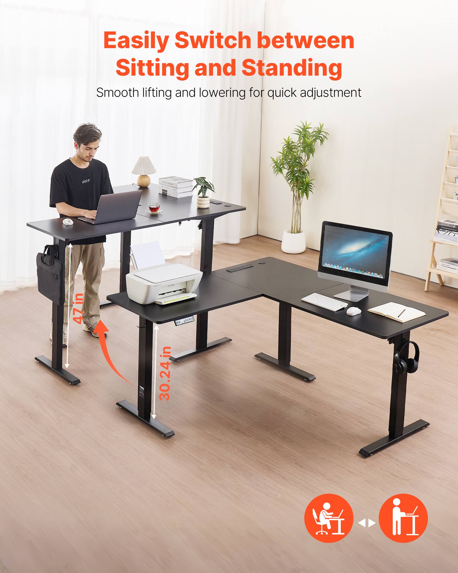 Easily Switch between Sitting and Standing Smooth lifting and lowering for quick adjustment 47in in 30.24in
