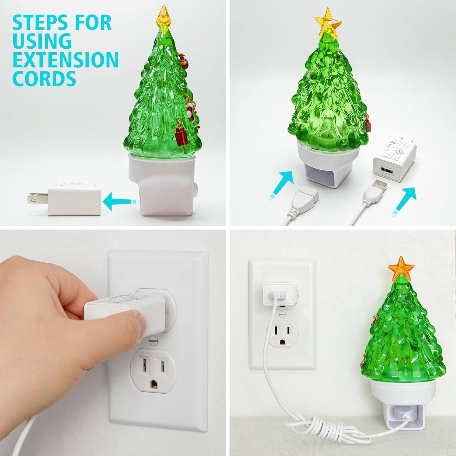 STEPS FOR USING EXTENSION CORDS

1. Plug the extension cord into the wall socket.
2. Connect the power adapter to the extension cord.
3. Plug the power adapter into the extension cord.
4. Connect the Christmas tree light to the power adapter.