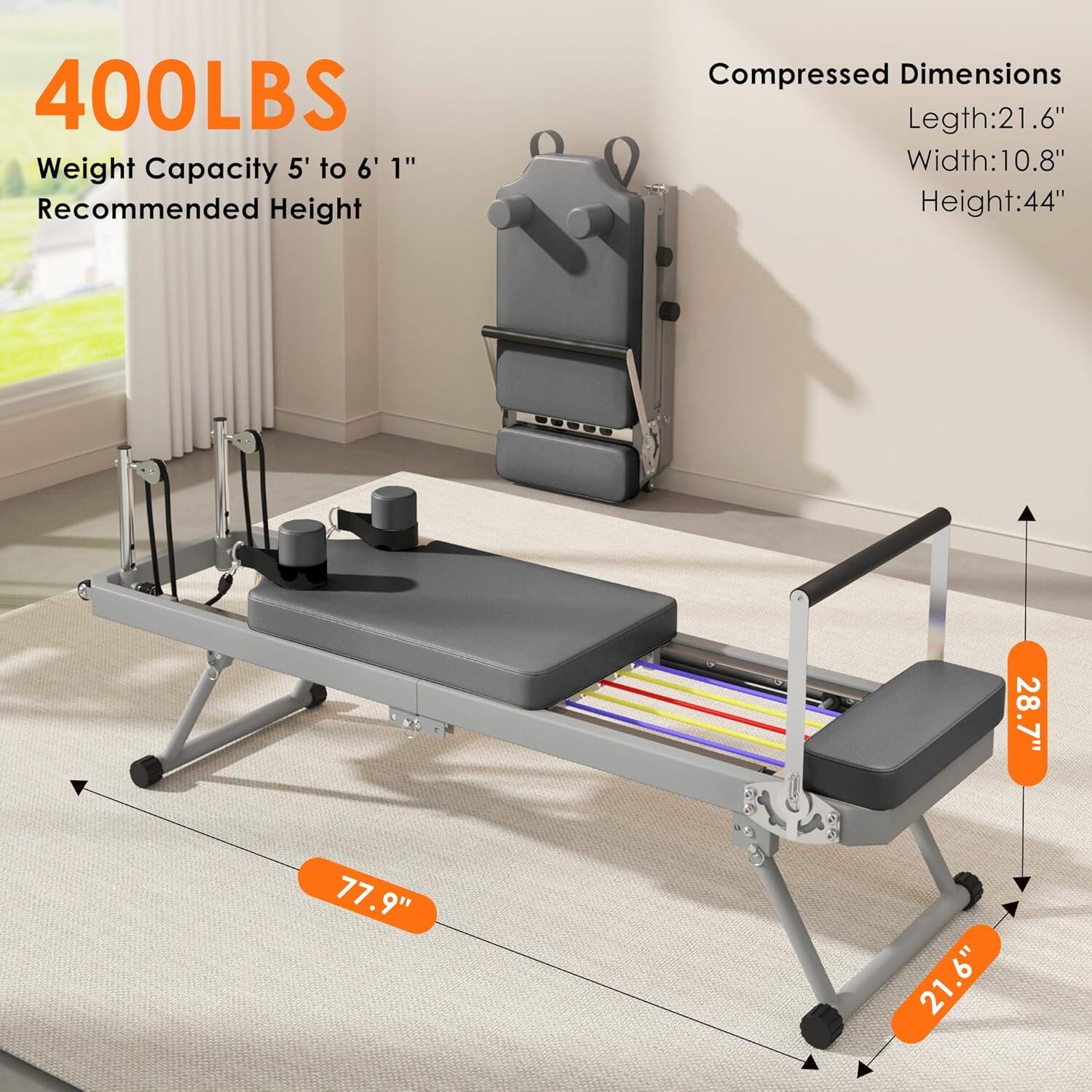 400LBS Weight Capacity  
5' to 6' 1" Recommended Height  

Compressed Dimensions  
Length: 21.6"  
Width: 10.8"  
Height: 44"  

Expanded Dimensions  
Length: 77.9"  
Width: 21.6"  
Height: 28.7"