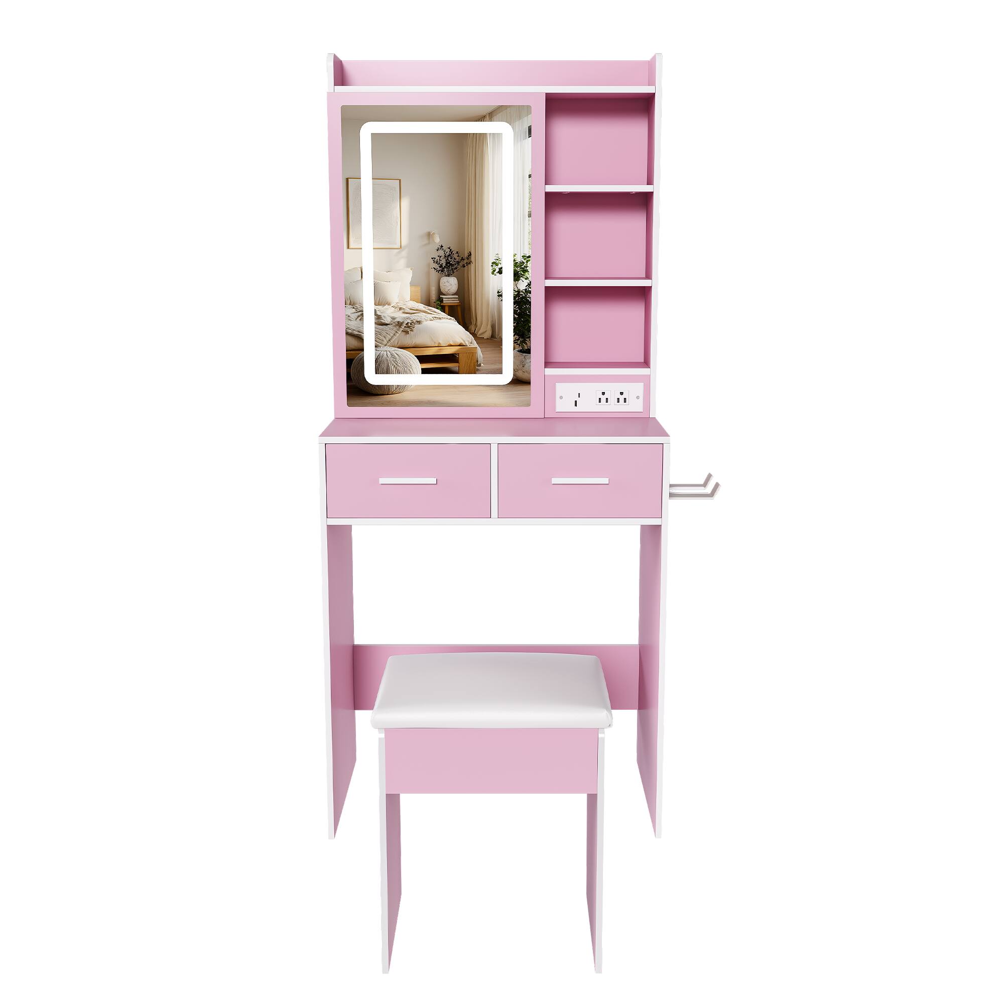 Alt View 5. Z-Edge - Makeup Vanity Desk with Mirror, LED Lights, Vanity Table with 2 Drawers, Padded Stool, Shelf, Dressing Table for Bedroom - Pink.