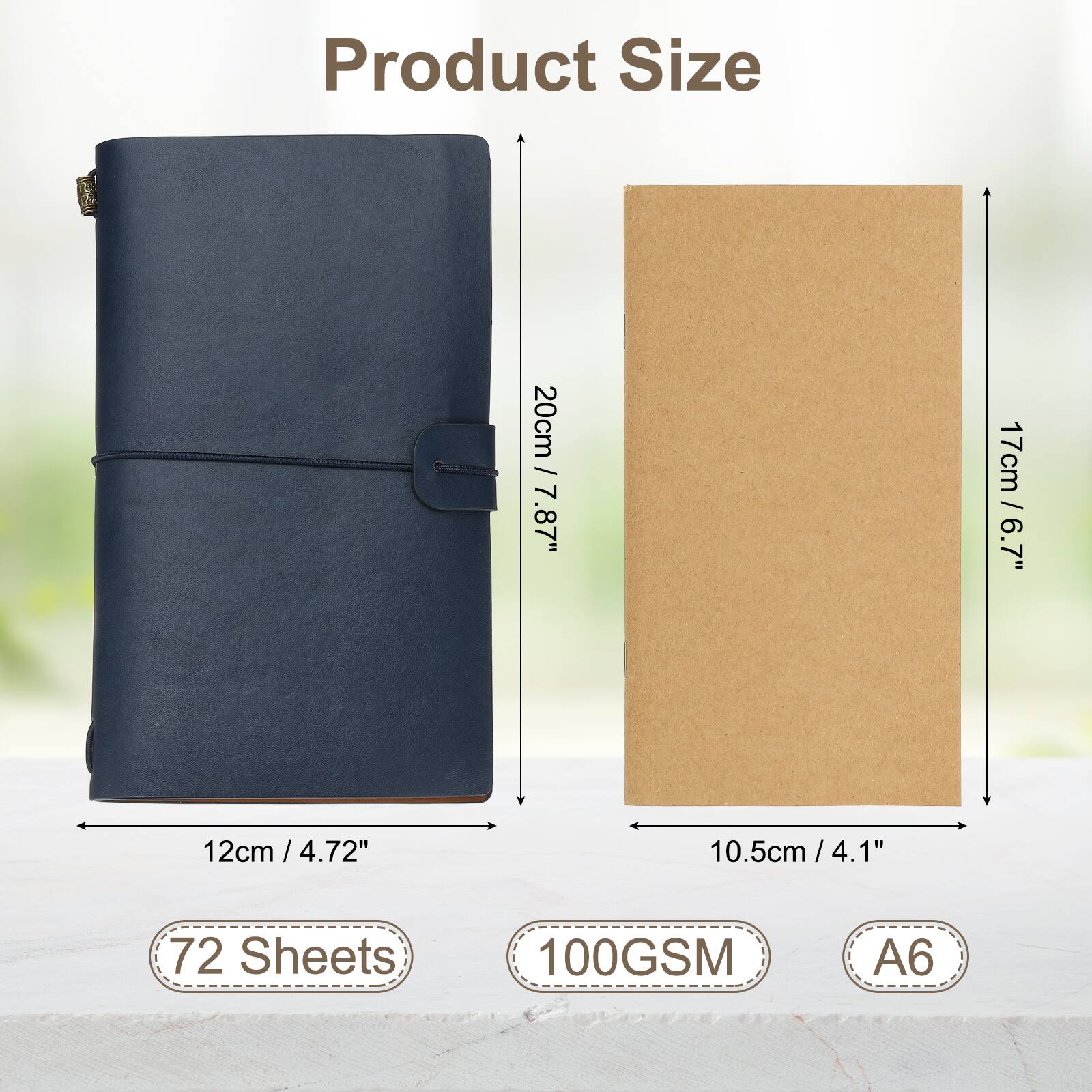 Product Size  
20cm / 7.87"  
17cm / 6.7"  
12cm / 4.72"  
10.5cm / 4.1"  
72 Sheets  
100GSM  
A6