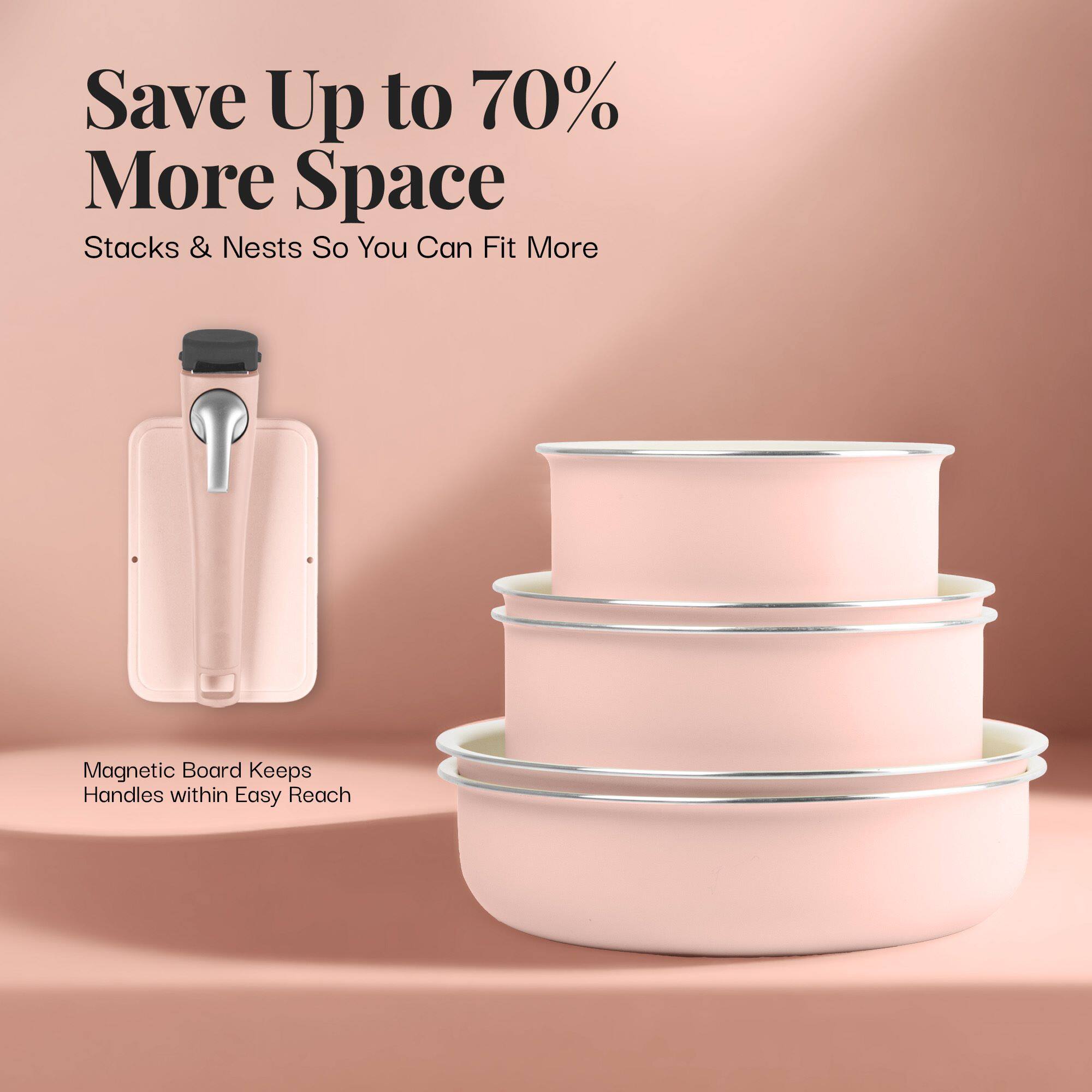 Save Up to 70% More Space, Stacks & Nests So You Can Fit More, Magnetic Board Keeps Handles within Easy Reach