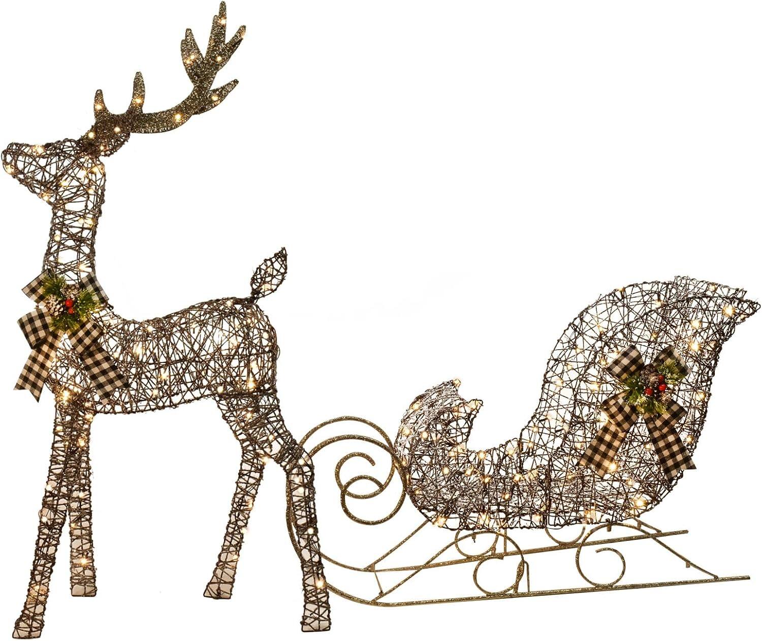 Alt View 5. Oumilen - 2-Piece Pre-Lit Rattan Reindeer and Sleigh Set – 48in Lighted Christmas Deer with Sleigh.