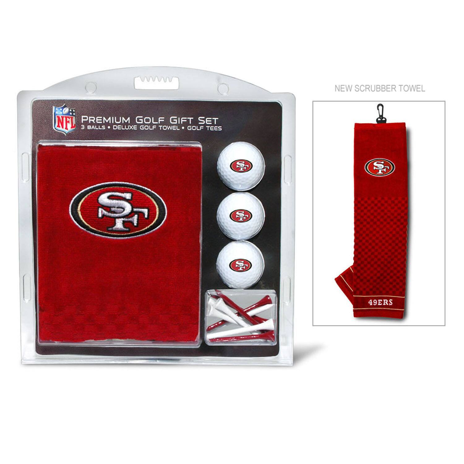 NEW SCRUBBER TOWEL  
NFL PREMIUM GOLF GIFT SET  
3 BALLS • DELUXE GOLF TOWEL • GOLF TEES  
49ERS