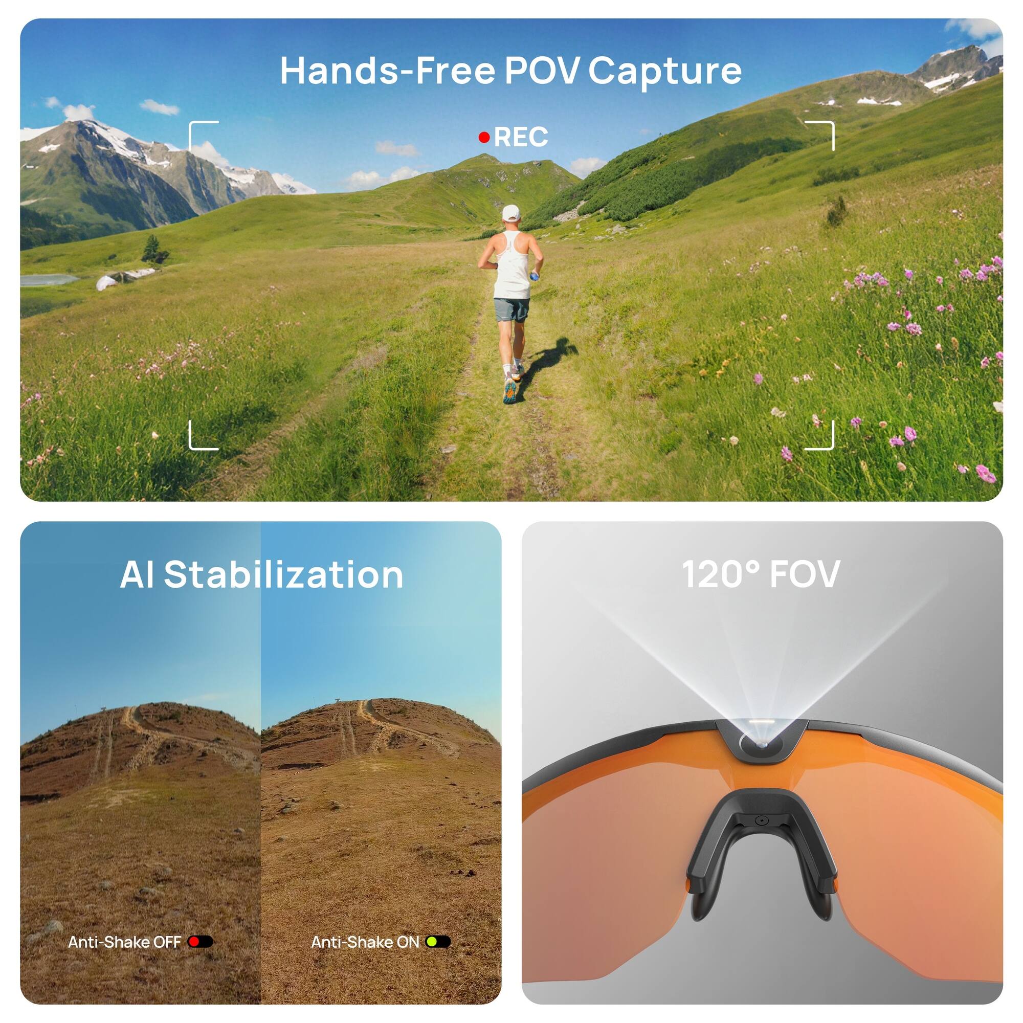 Hands-Free POV Capture  
REC  
AI Stabilization  
120° FOV  
Anti-Shake OFF  
Anti-Shake ON