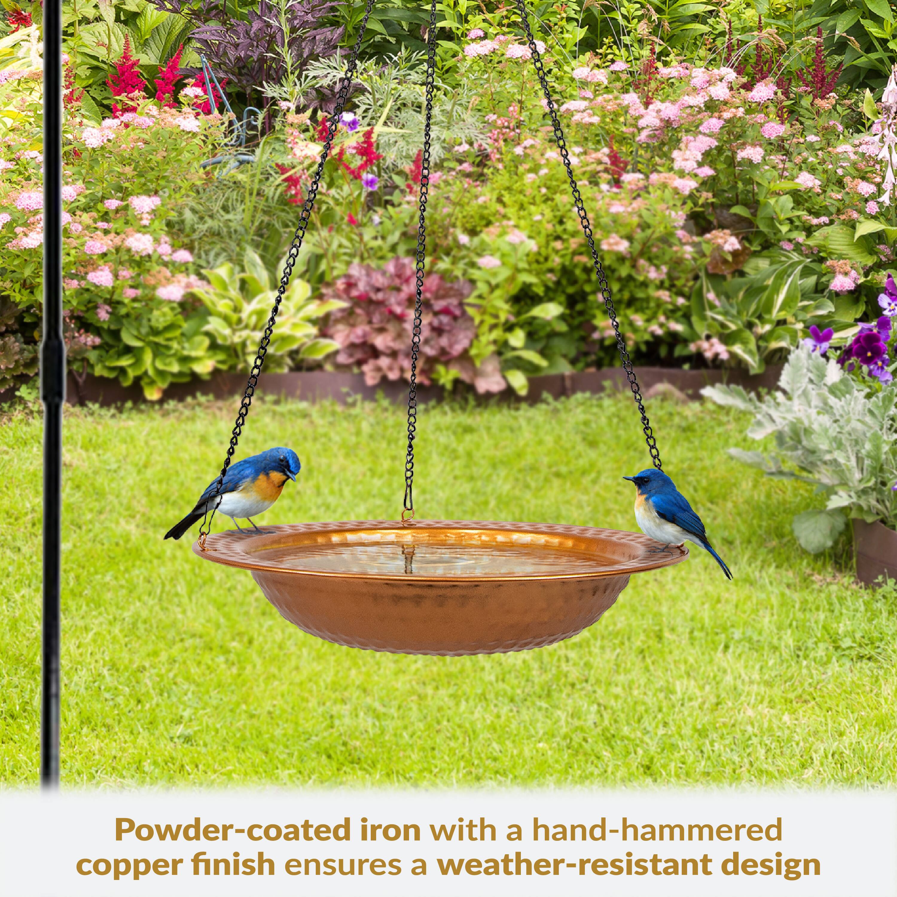 Powder-coated iron with a hand-hammered copper finish ensures a weather-resistant design.