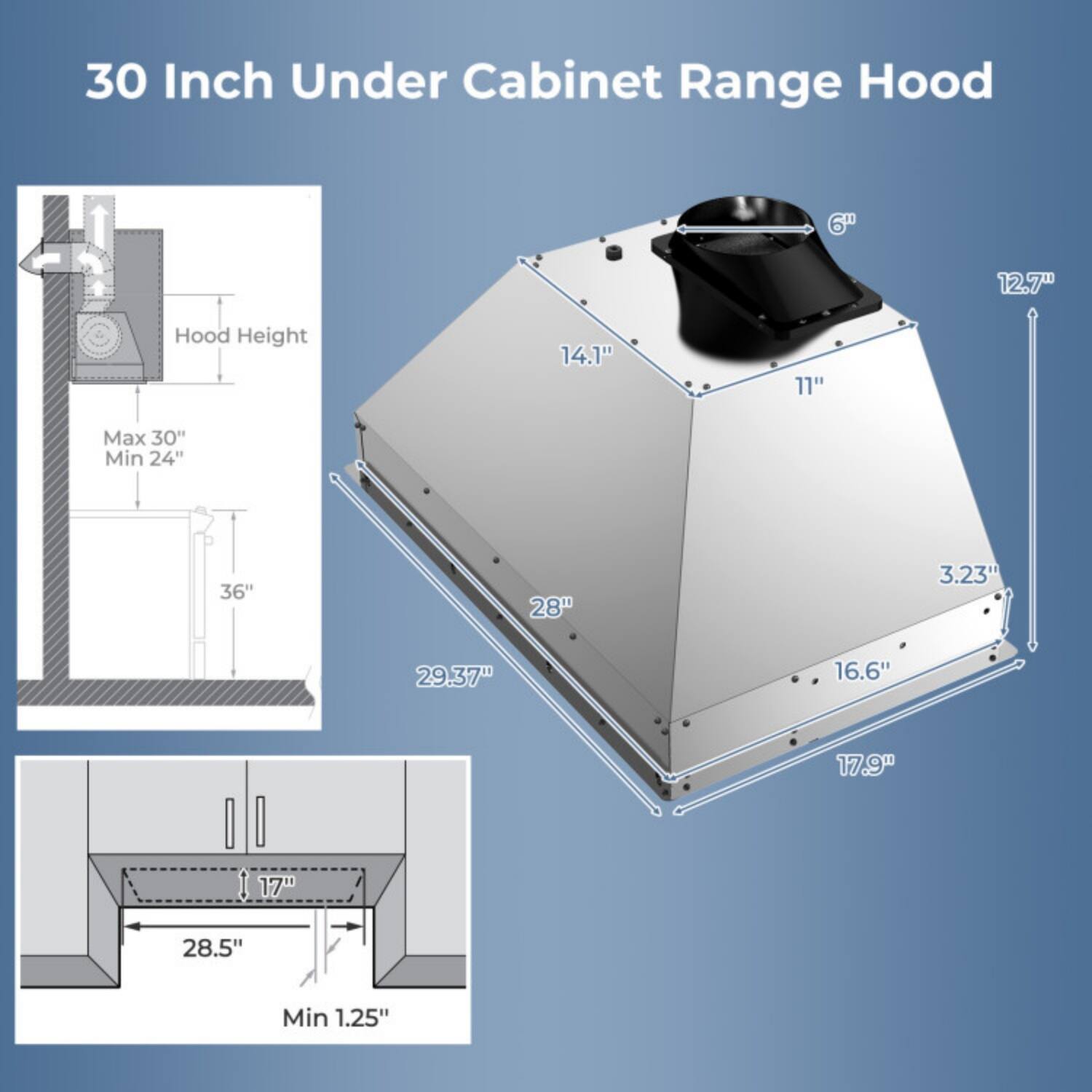30 Inch Under Cabinet Range Hood

- Hood Height: 12.7"
- Dimensions:
  - 14.1" (Height)
  - 11" (Width)
  - 3.23" (Depth)
  - 29.37" (Length)
  - 16.6" (Side Length)
  - 17.9" (Side Length)
  - 28.5" (Width)
  - 17" (Height)
- Installation:
  - Max 30"
  - Min 24"
  - 36"
  - Min 1.25"