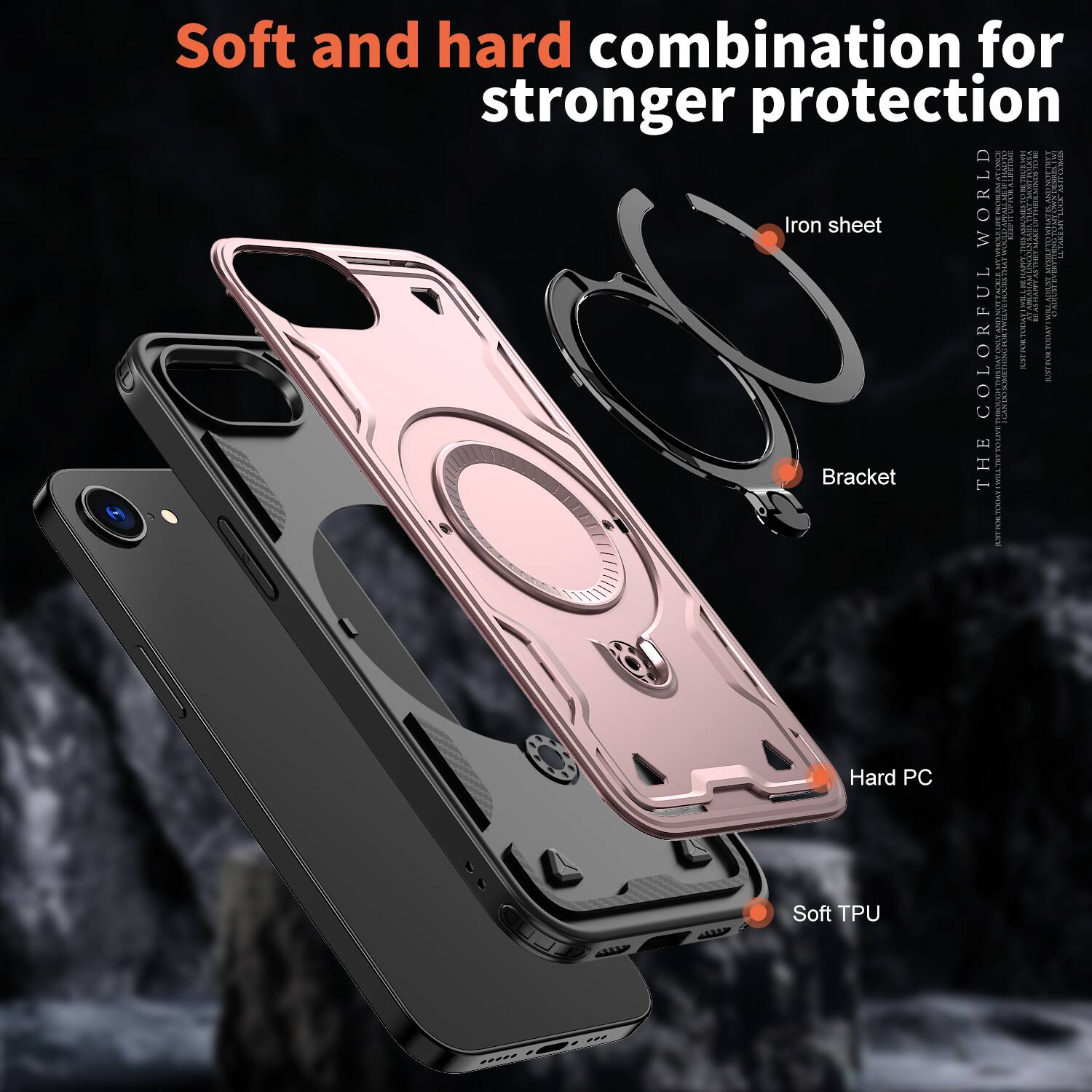 Soft and hard combination for stronger protection

Iron sheet

Bracket

Hard PC

Soft TPU