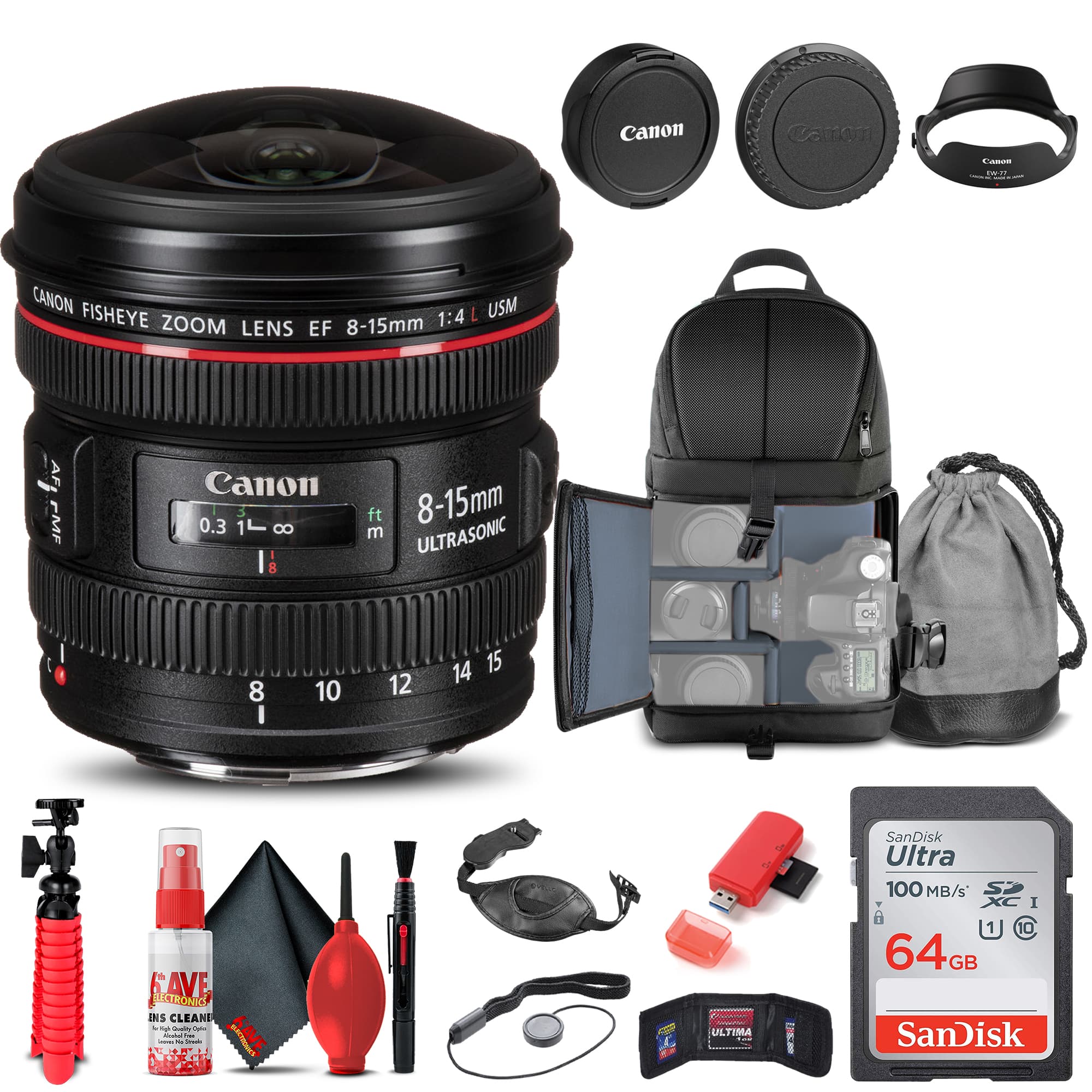 Canon - EF 8-15mm f/4L Fisheye USM Lens (4427B002) + BackPack + 64GB Card + More (International Model) - Black