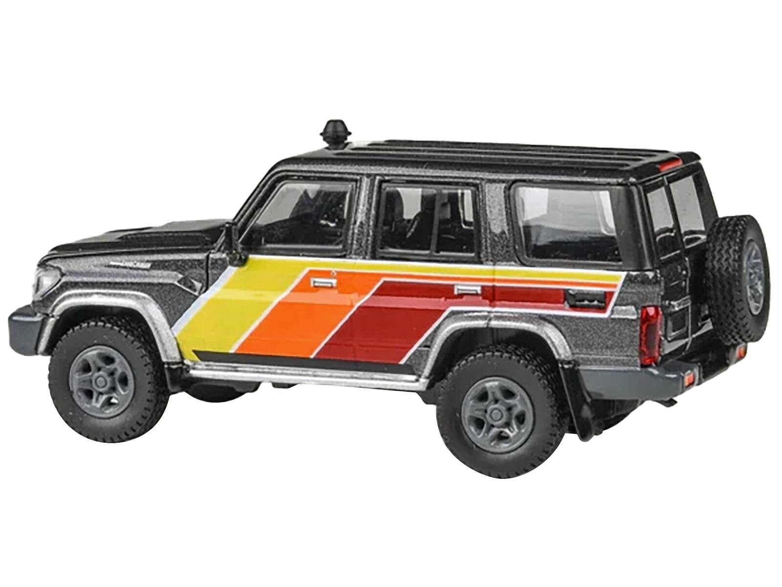Angle. Paragon - 2014 Toyota Land Cruiser LC76 "TRD Livery" Gray Metallic with Stripes 1/64 Diecast Model Car by Paragon Models - Gray Metallic.