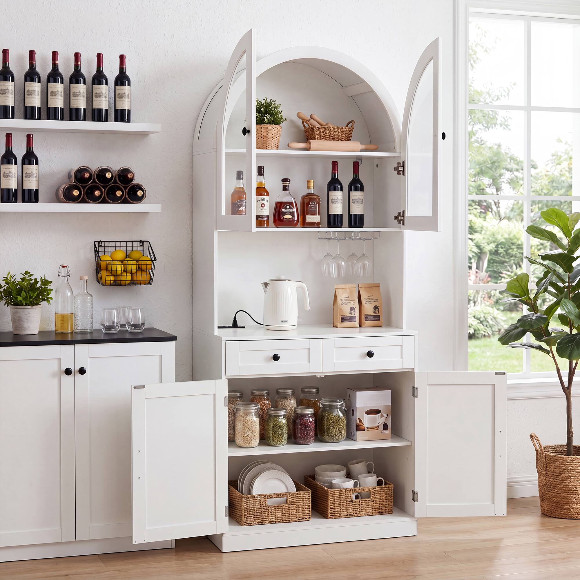 Alt View 2. Loheer - Loheer Farmhouse Pantry Cabinet, White Arched Coffee Bar Cabinet with Charging Station, Glass Doors, Adjustable Shelves - White.