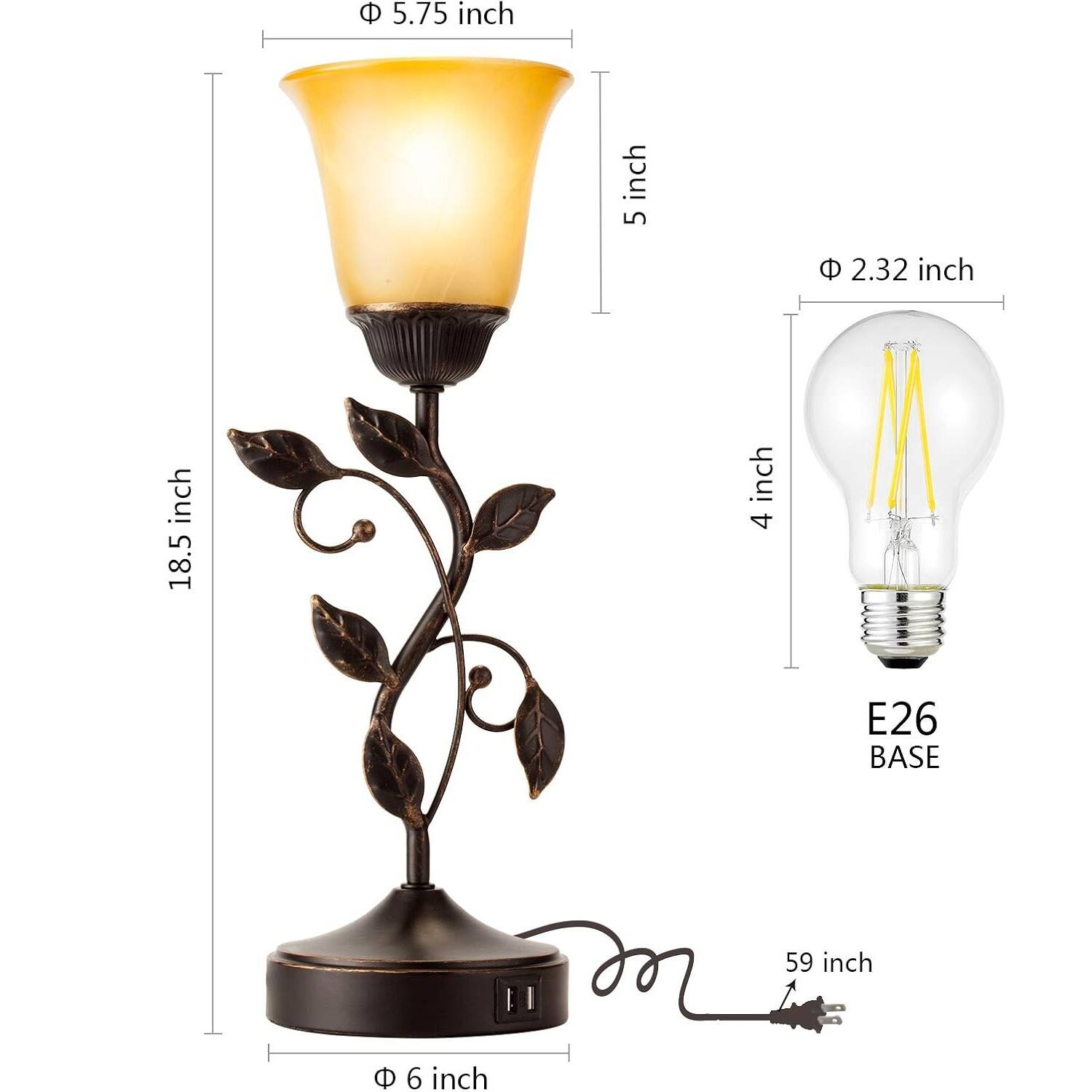 5.75 inch  
5 inch  
2.32 inch  
18.5 inch  
4 inch  
E26 BASE  
59 inch  
6 inch