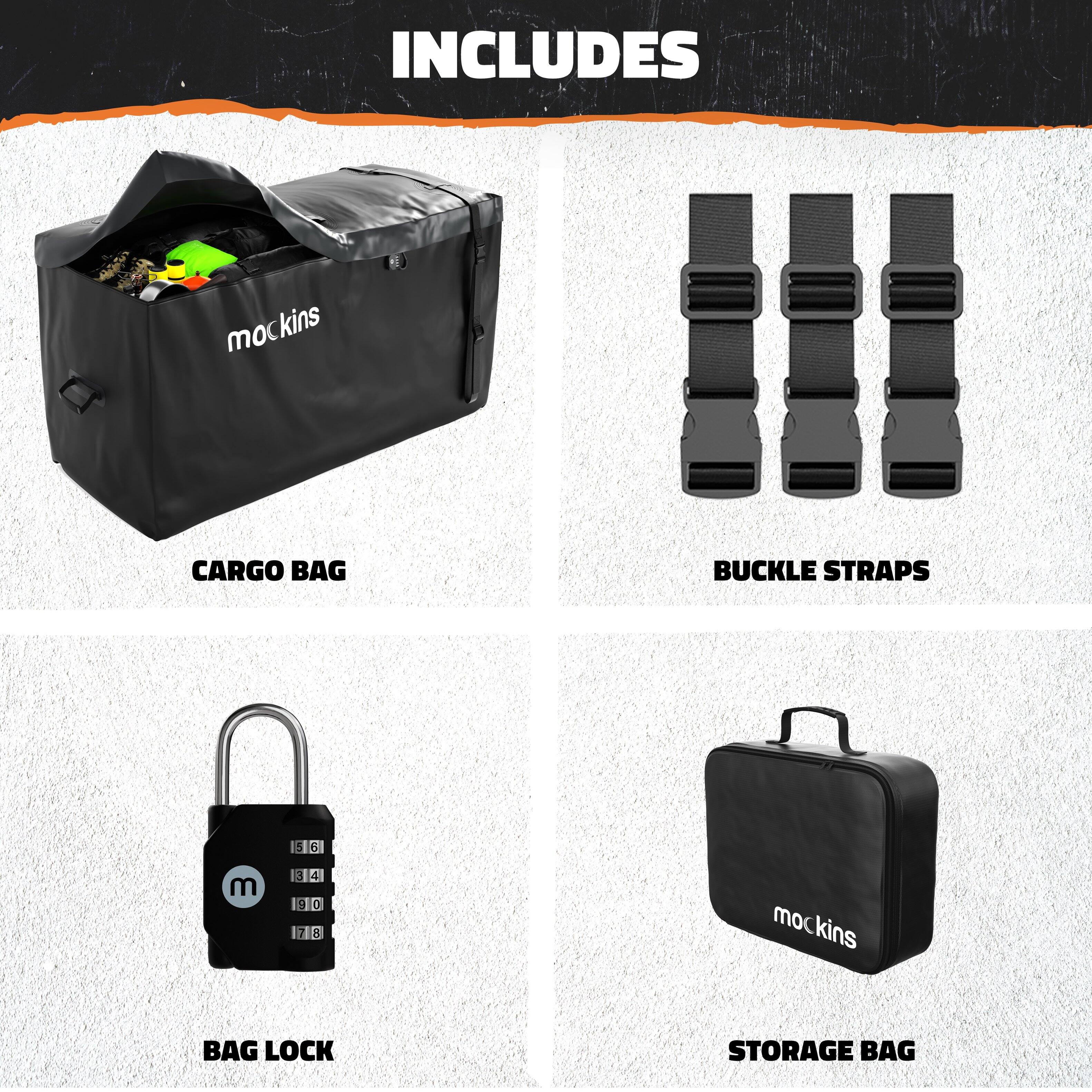 INCLUDES

CARGO BAG

BUCKLE STRAPS

BAG LOCK

STORAGE BAG