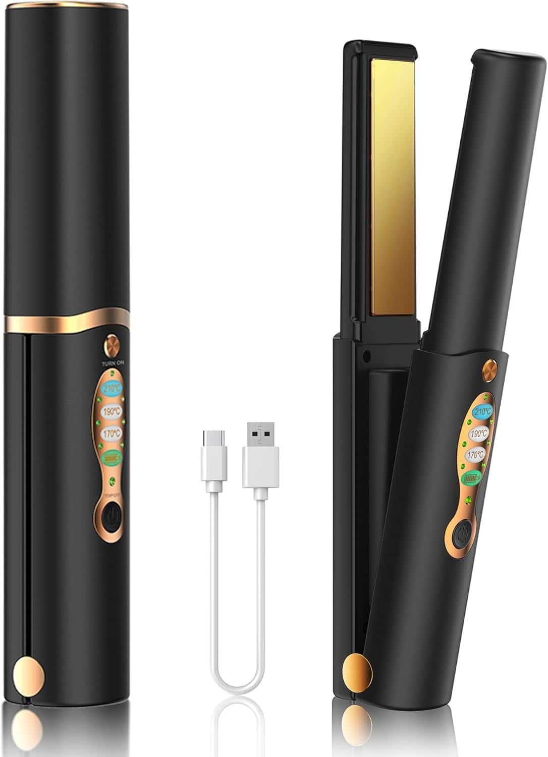 Dazzling Pops - Portable Titanium Cordless Hair Straightener Heats Up In Seconds Lasts To Usb C Rechargeable Dual Wireless - Black+gold