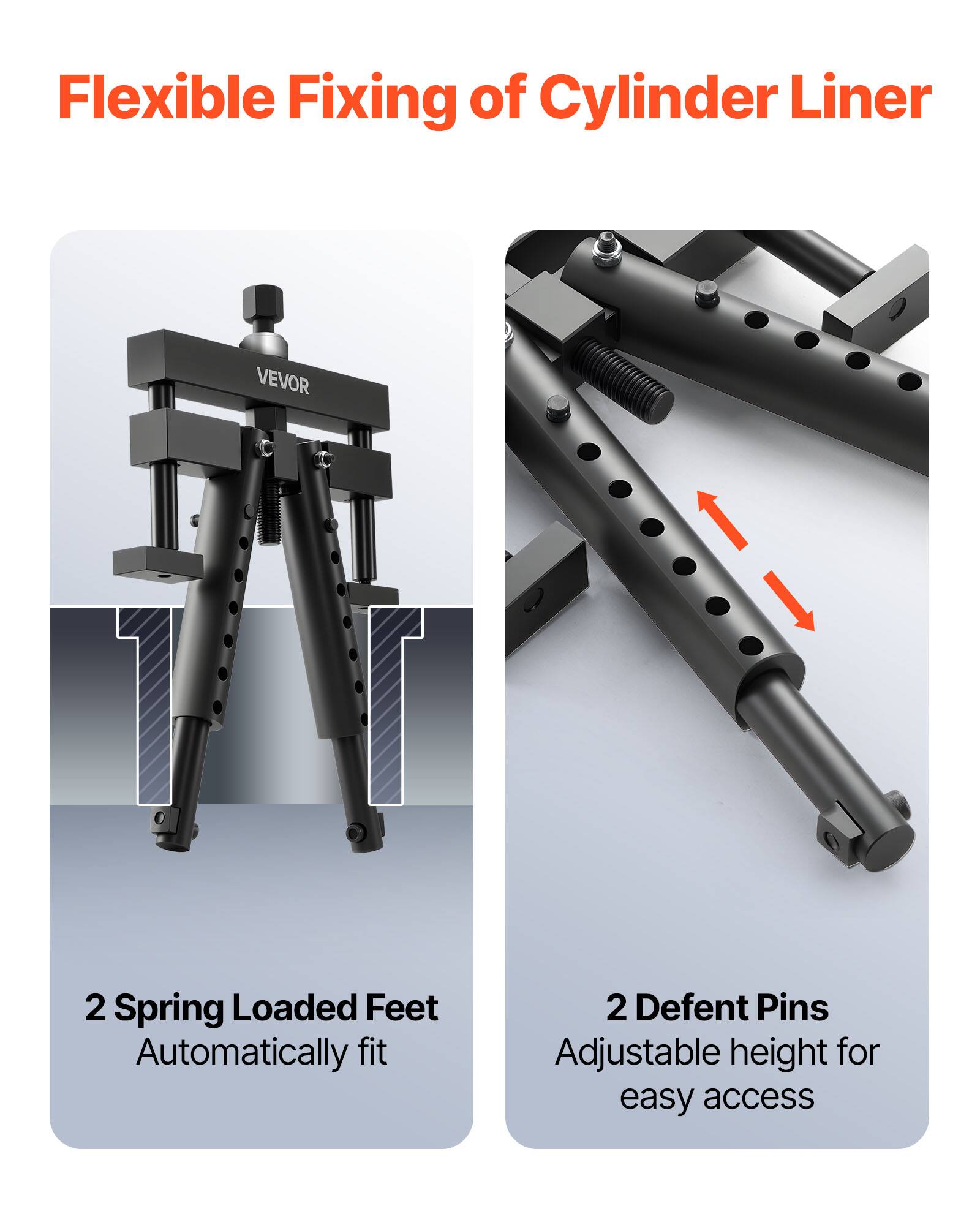 Flexible Fixing of Cylinder Liner

VEVOR

1. Spring Loaded Feet
   Automatically fit

2. Defent Pins
   Adjustable height for easy access