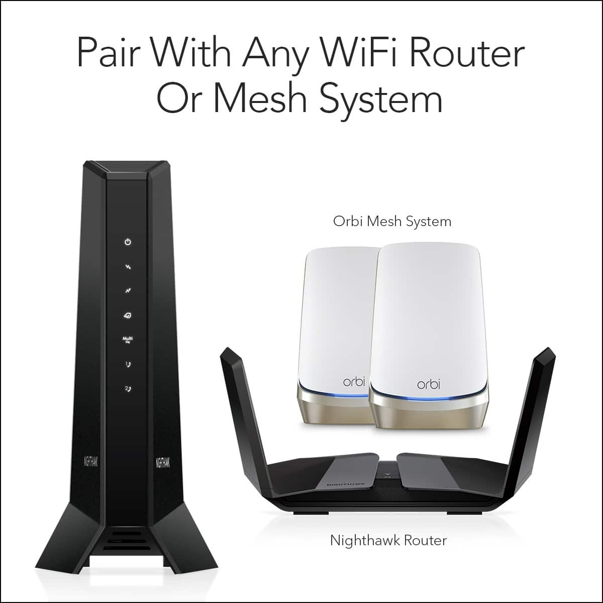 Pair with any WiFi router or mesh system, or the Orbi Mesh System. The Orbi Mesh System is designed to provide seamless WiFi coverage throughout your home, while the Nighthawk Router offers high-speed internet and advanced security features.