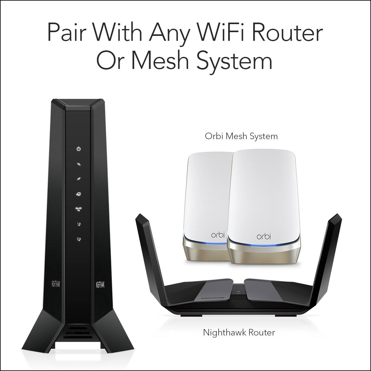 Pair with any WiFi router or mesh system, or the Orbi Mesh System. The Orbi Mesh System is designed to provide seamless WiFi coverage throughout your home, while the Nighthawk Router offers high-speed internet and advanced security features.