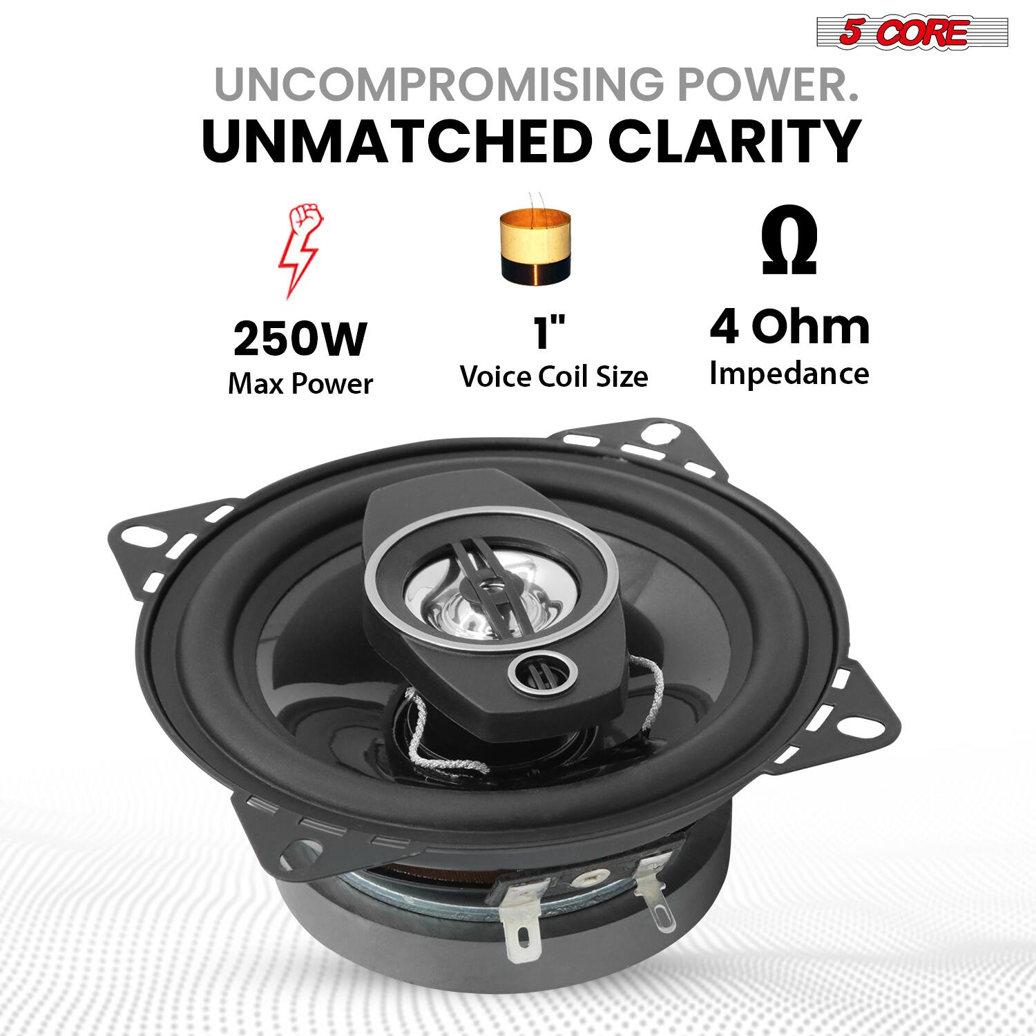 5 CORE  
UNCOMPROMISING POWER.  
UNMATCHED CLARITY  

250W  
Max Power  

1"  
Voice Coil Size  

4 Ohm  
Impedance