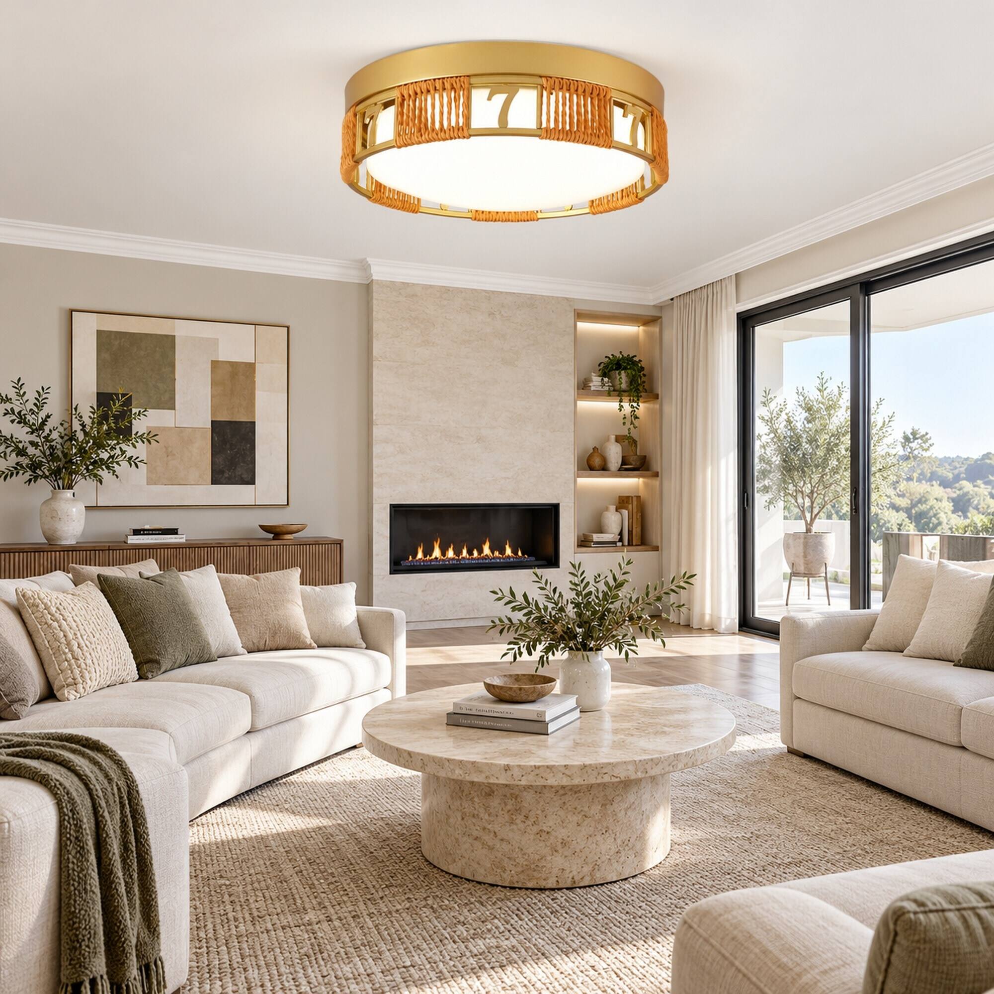 Angle. RYHNUYNE - Boho LED Flush Mount Ceiling Light, 11.81 in Gold Metal Frame, Woven Hemp Rope, Frosted Acrylic Shade, Dimmable - Gold.