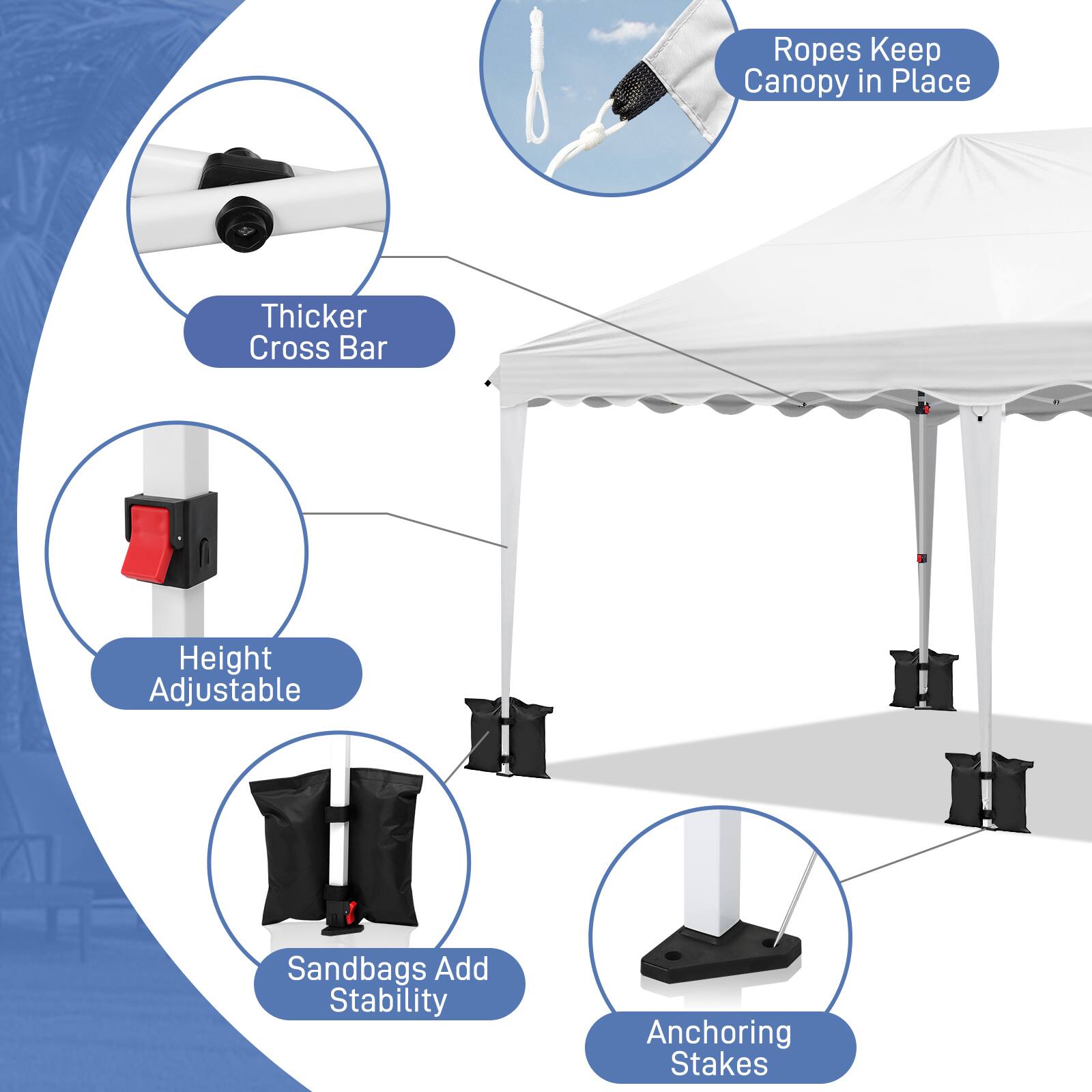 Ropes Keep Canopy in Place  
Thicker Cross Bar  
Height Adjustable  
Sandbags Add Stability  
Anchoring Stakes