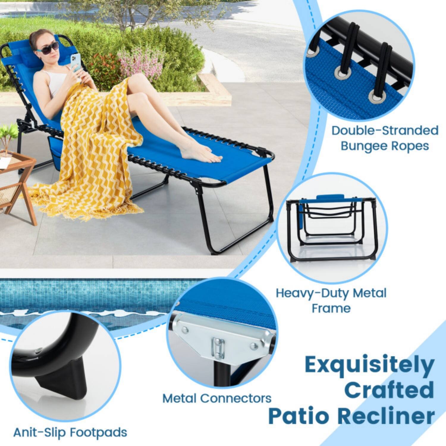 Exquisitely Crafted Patio Recliner

- Double-Stranded Bungee Ropes
- Heavy-Duty Metal Frame
- Anit-Slip Footpads
- Metal Connectors