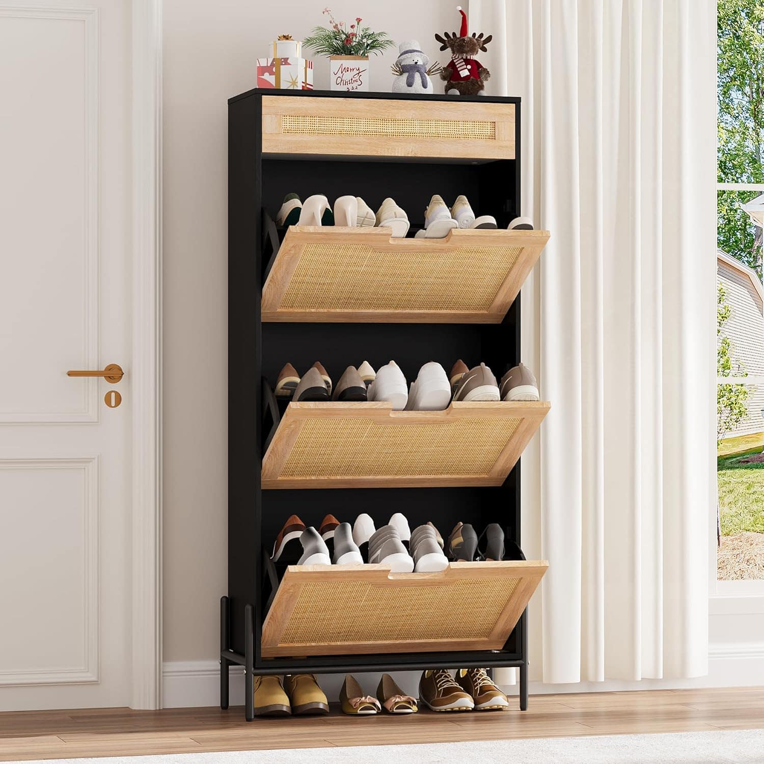 Homhougo - Rattan Shoe Cabinet – Freestanding Shoe Rack with 3 Flip Doors & 1 Drawer, Adjustable Shelves, Metal Legs - Black