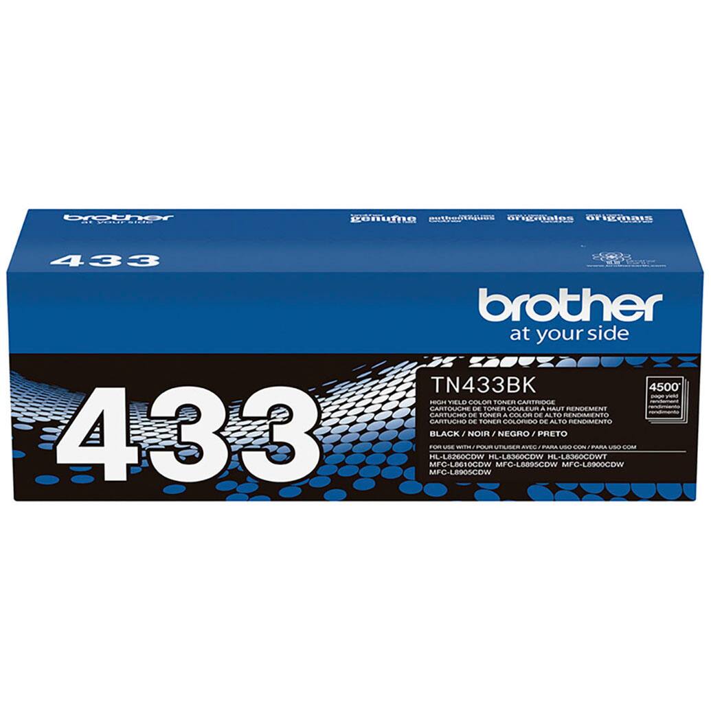 The text on the image is in Spanish, so I will provide the corrected text in Spanish.

Brother at your side TN433BK 4500 - High Vield Color Toner Cartridge - Cartucho de toner colorido de alto rendimiento - Cartuche de toner colorido de alto rendimiento 433 MFC-LOG10COW HL-L8260CDW MFC-L890SCOW Fo BLACK / NOIR P HL-L8360CDW, UTLLISER MFC-L889SCOW NEGRO / PRETO PARA HL-L8360CDWT USO COM A PANA / USO COM A PANA 433 MFC-LOG10COW HL-L8260CDW MFC-L890SCOW Fo BLACK / NOIR P HL-L8360CDW, UTLLISER MFC-L889SCOW NEGRO / PRETO PARA HL-L8360CDWT USO COM A PANA / USO COM A PANA