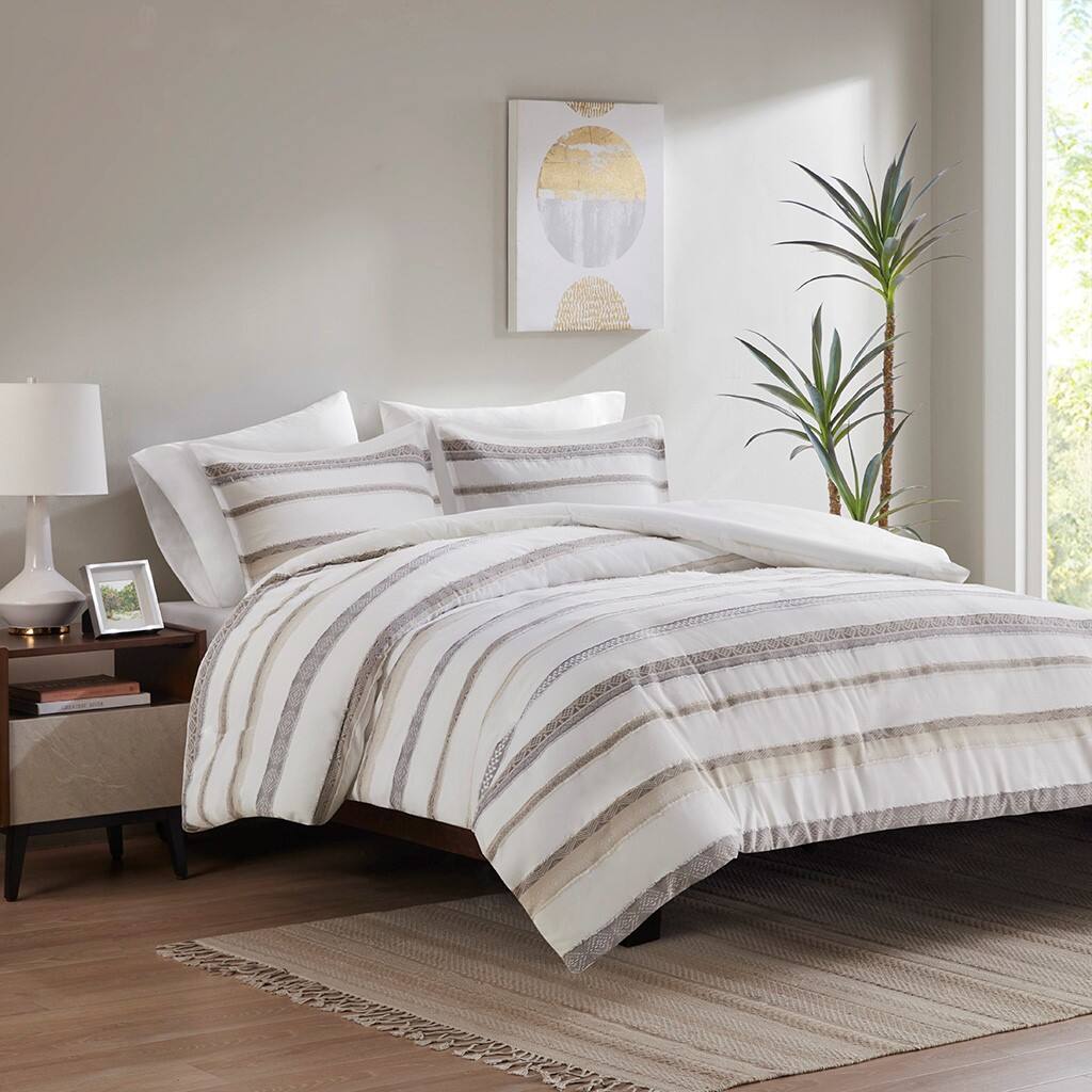 Alt View 1. Gracie Mills - Gracie Mills Ismael Clipped Jacquard Stripe 3-Piece Duvet Cover Set - Neutral.