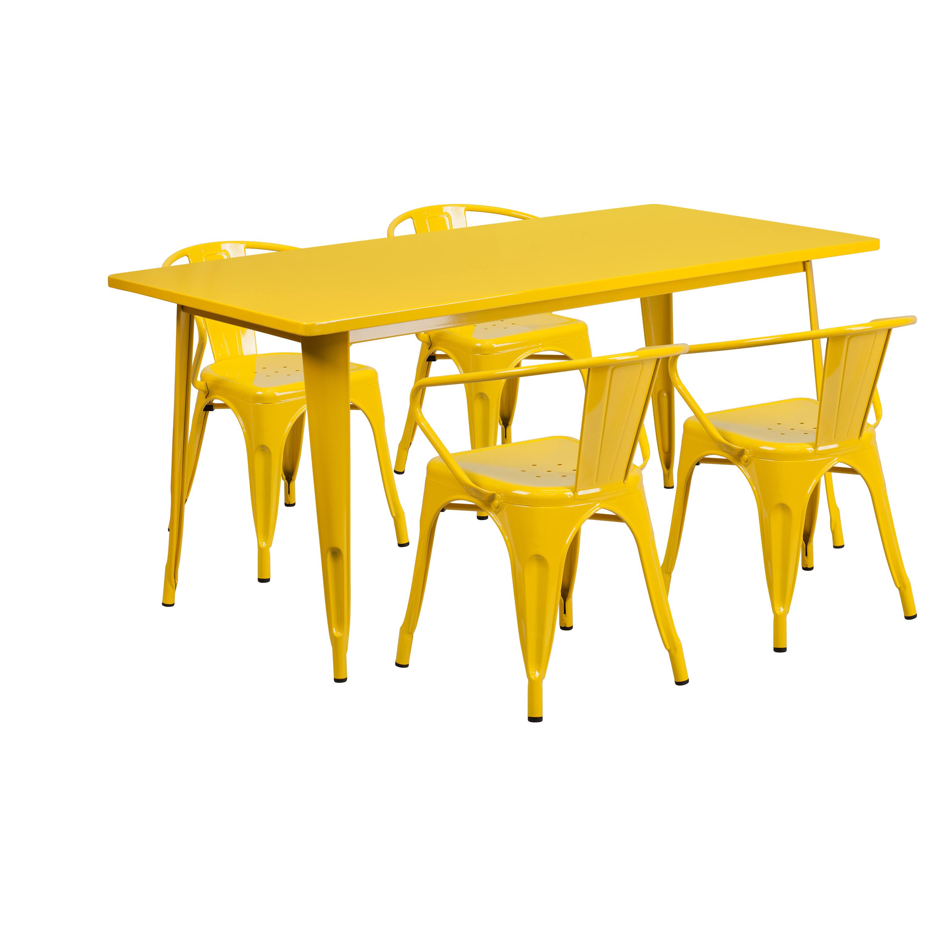 Flash Furniture - Fisher Commercial Grade 31.5" x 63" Rectangular Metal Indoor-Outdoor Table Set with 4 Arm Chairs - Yellow