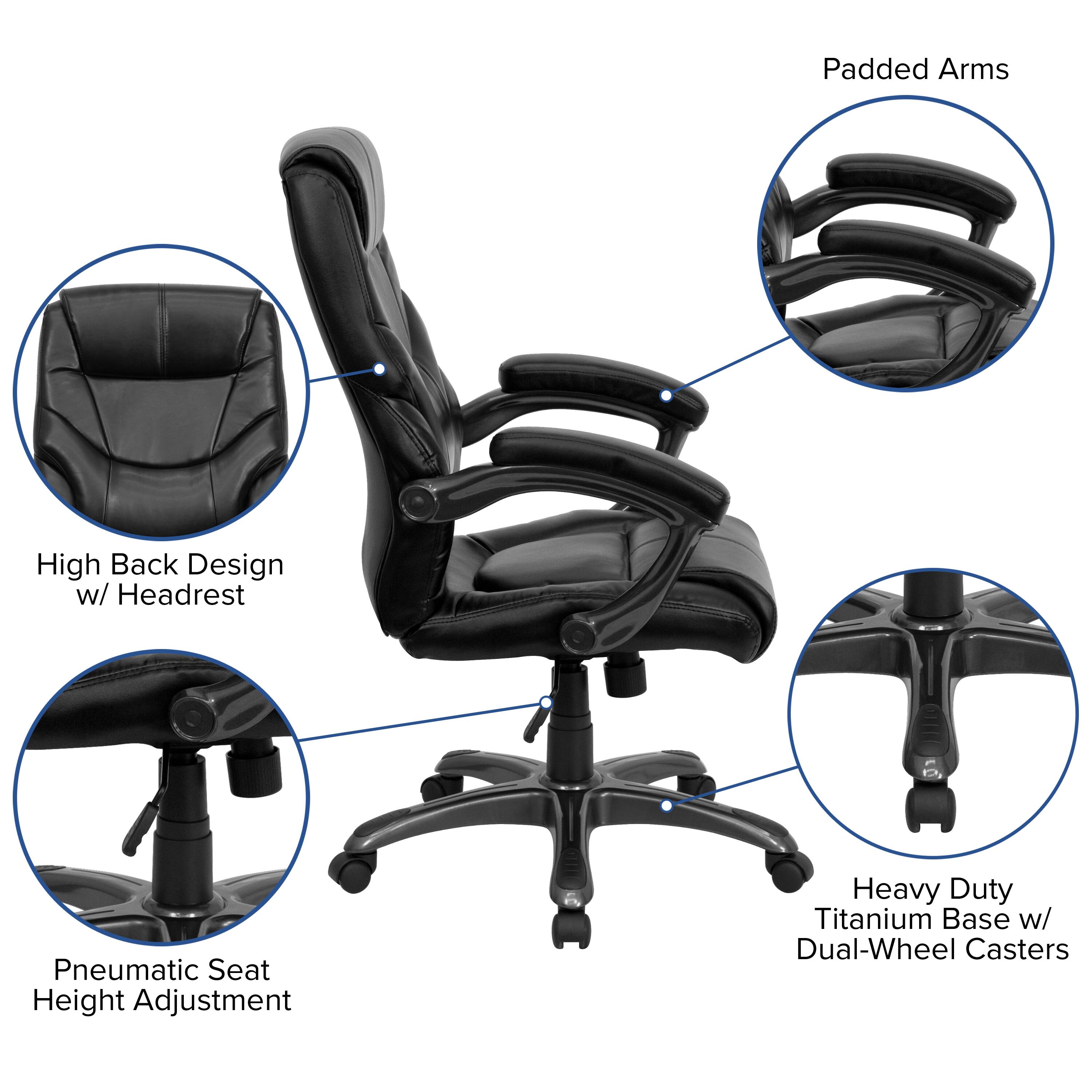 Padded Arms  
High Back Design w/ Headrest  
Pneumatic Seat Height Adjustment  
Heavy Duty Titanium Base w/ Dual-Wheel Casters