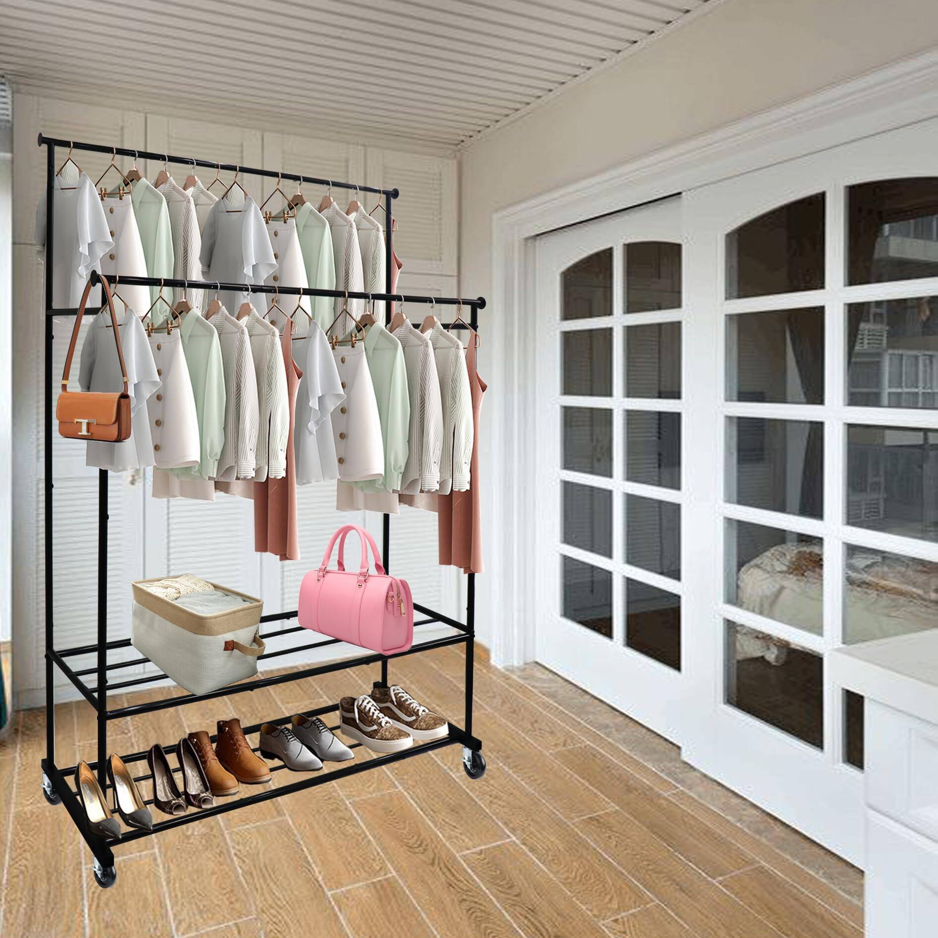 Alt View 6. Refined Abode Design - Double Rods Clothes Rack Rolling Clothing With Wheels Portable Wardrobe Mesh Bottom Shelf For Bedroom Livin... - Default.