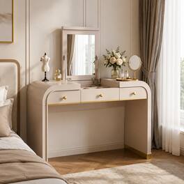 RYHNUYNE - Classic Wood Vanity Desk, Flip Mirror, 3-in-1 Dressing Table, 2 Drawers, Finish, Bedroom - Champagne