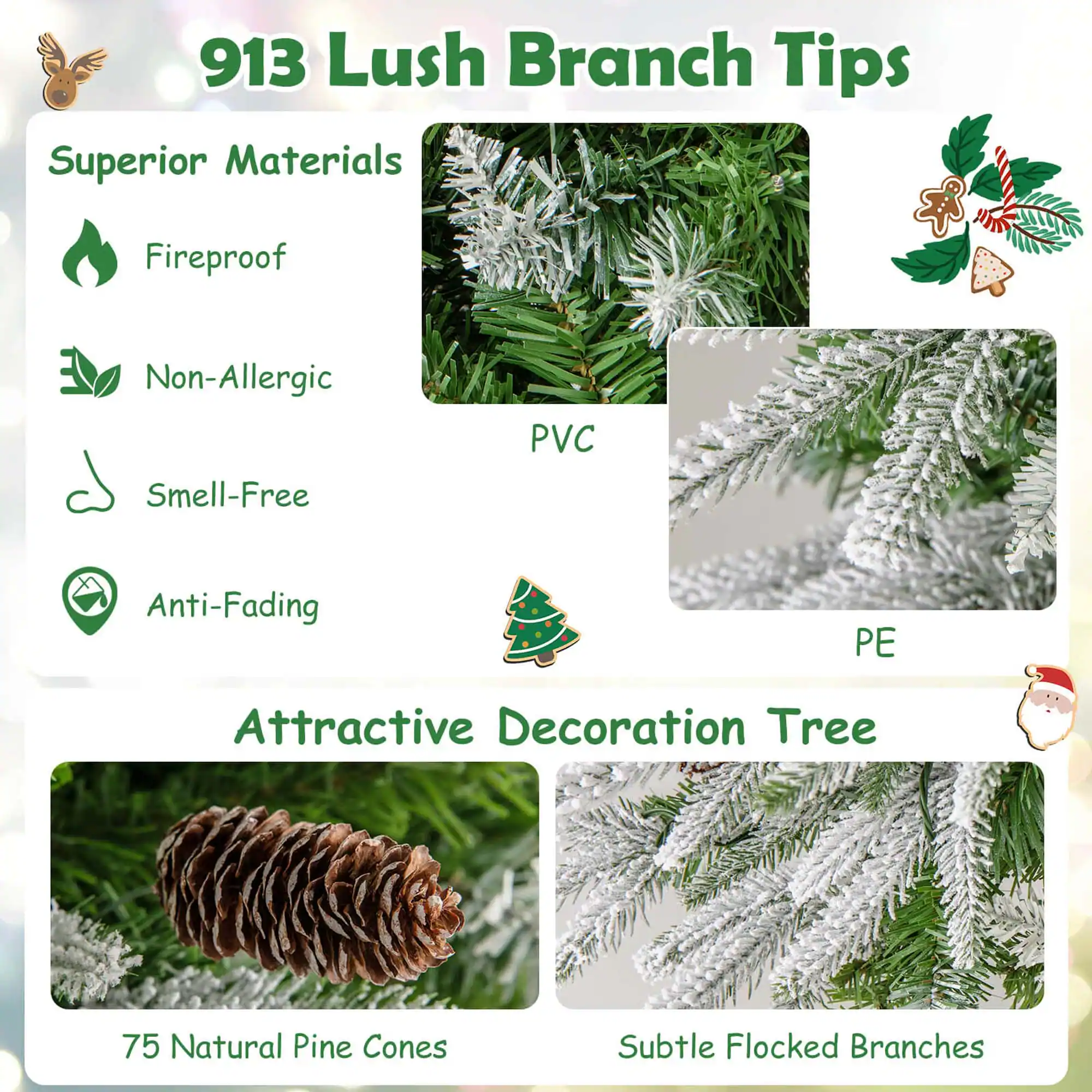 913 Lush Branch Tips: Superior Materials, Fireproof, Non-Allergic, Smell-Free PVC, Anti-Fading PE, Attractive Decoration Tree, 75 Natural Pine Cones, Subtle Flocked Branches.
